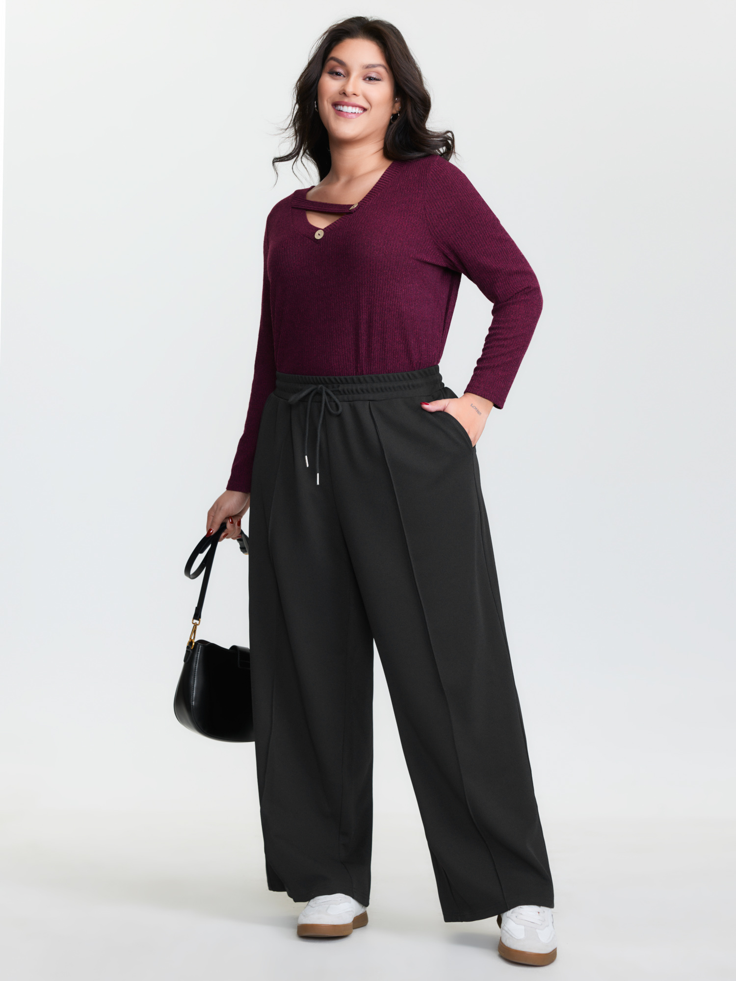 BloomChic Women's Plus Size Stretchy Drawstring Waist Seamed Pants Black Solid Straight fit Mid Rise 10/M