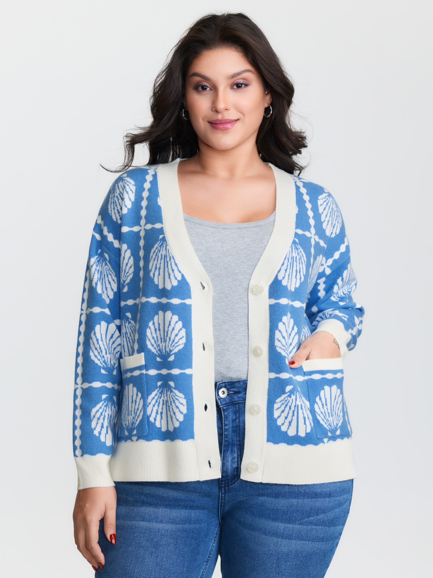 BloomChic Women's Plus Size Shell Pattern Jacquard Knit Cardigan Skyblue Long Sleeve V-Neck 10/M