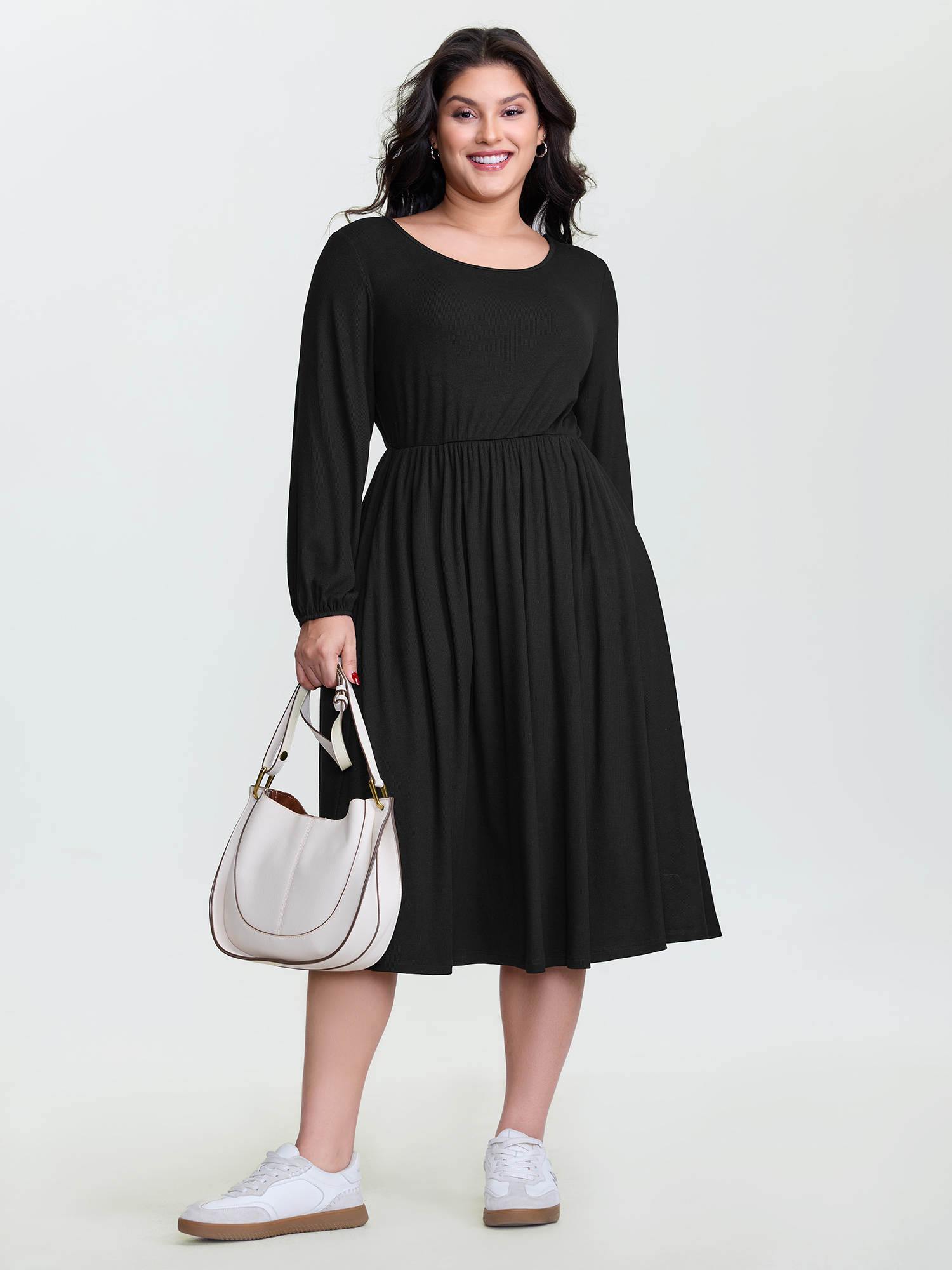 BloomChic Women's Plus Size Supersoft Cut-Out Back Round Neck Midi Dress Black Solid Midi Everyday-Casual Ruched 10/M