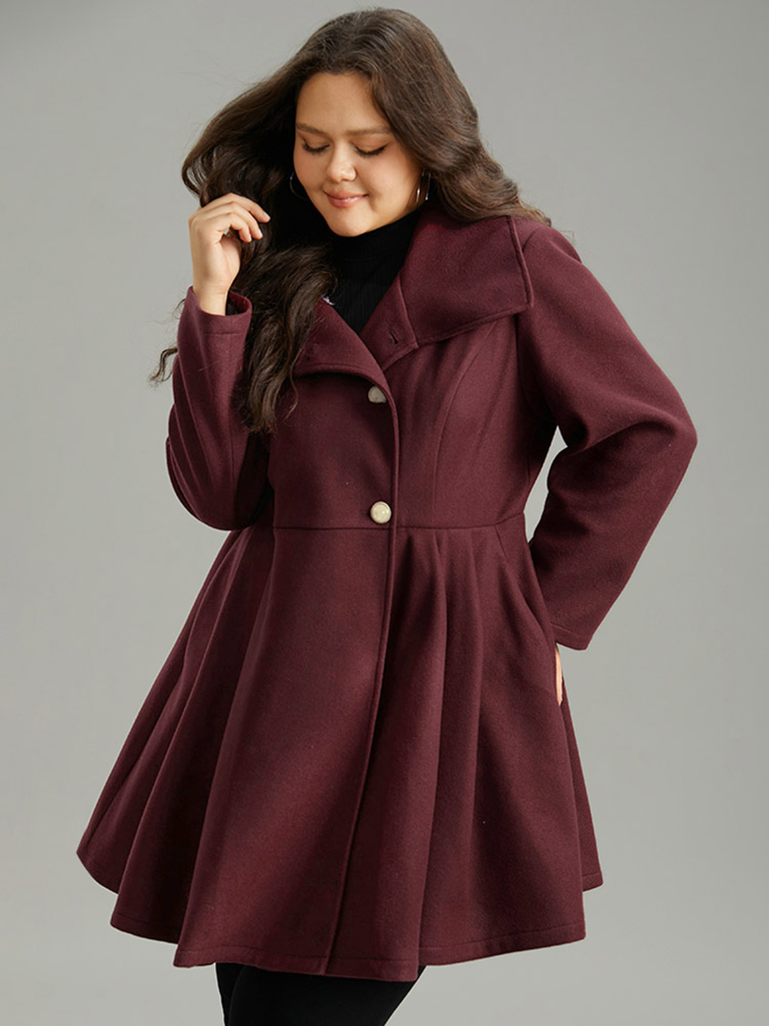 BloomChic Women's Plus Size Plain Button Up Pocket Asymmetrical Lapel Collar Coat Burgundy Button Front A-line 10/M