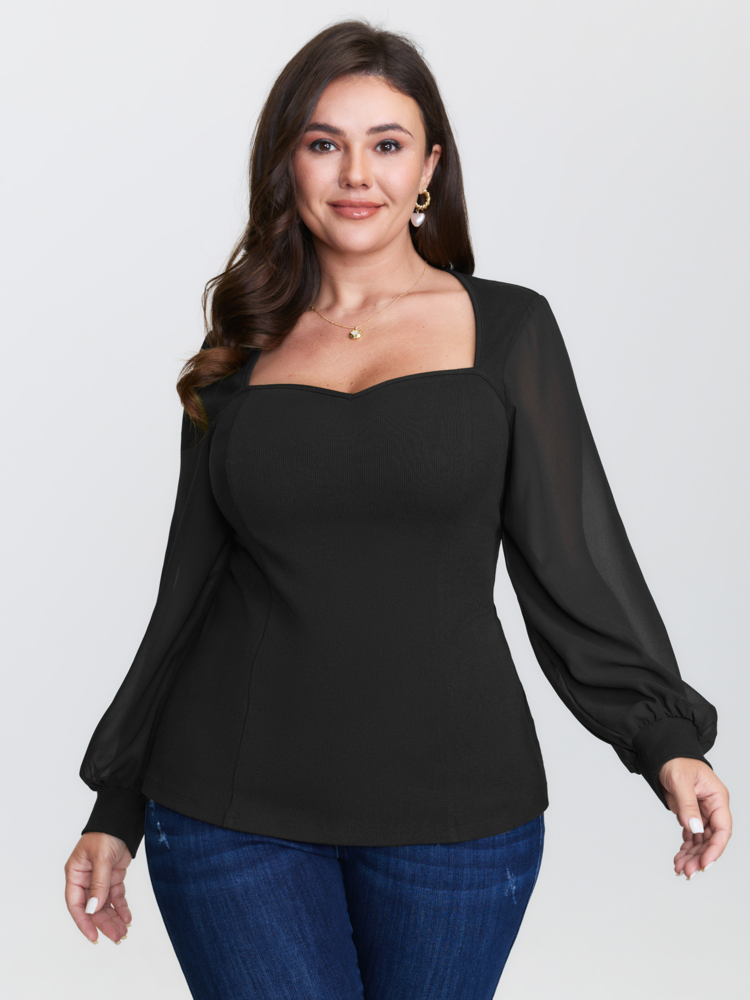 BloomChic Plus Size Sweetheart Neckline Cinched Waist Blouse - Women's Black Solid Sweetheart Neck Long Sleeve Elegant Blouses 26-28/3X