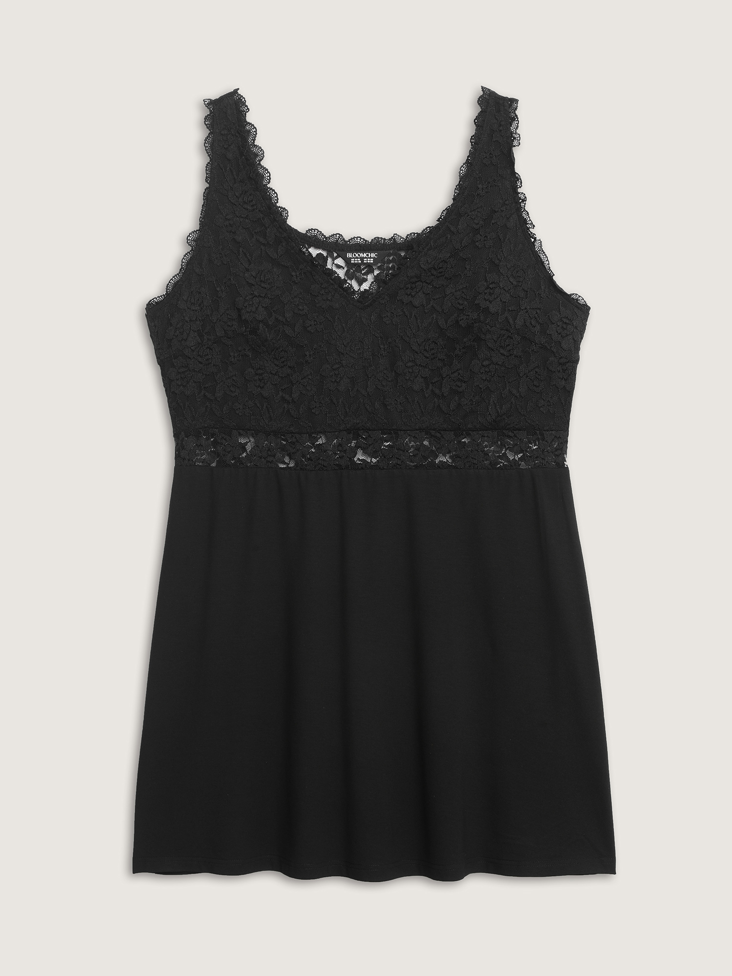 Side view of BloomChic Women's Plus Size Lace Trim Semi-Sheer Waist Nightgown Black Sleeveless Mini V-Neck 30/6X