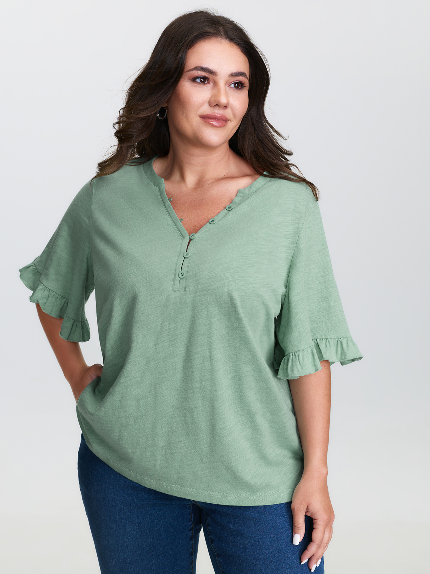 BloomChic Plus Size Pure Cotton Arm-Friendly T-Shirt - Women's Granite Green Solid Round Neck Comfort Midsection Fit Long Sleeve Playful T-shirts 18-20/1X