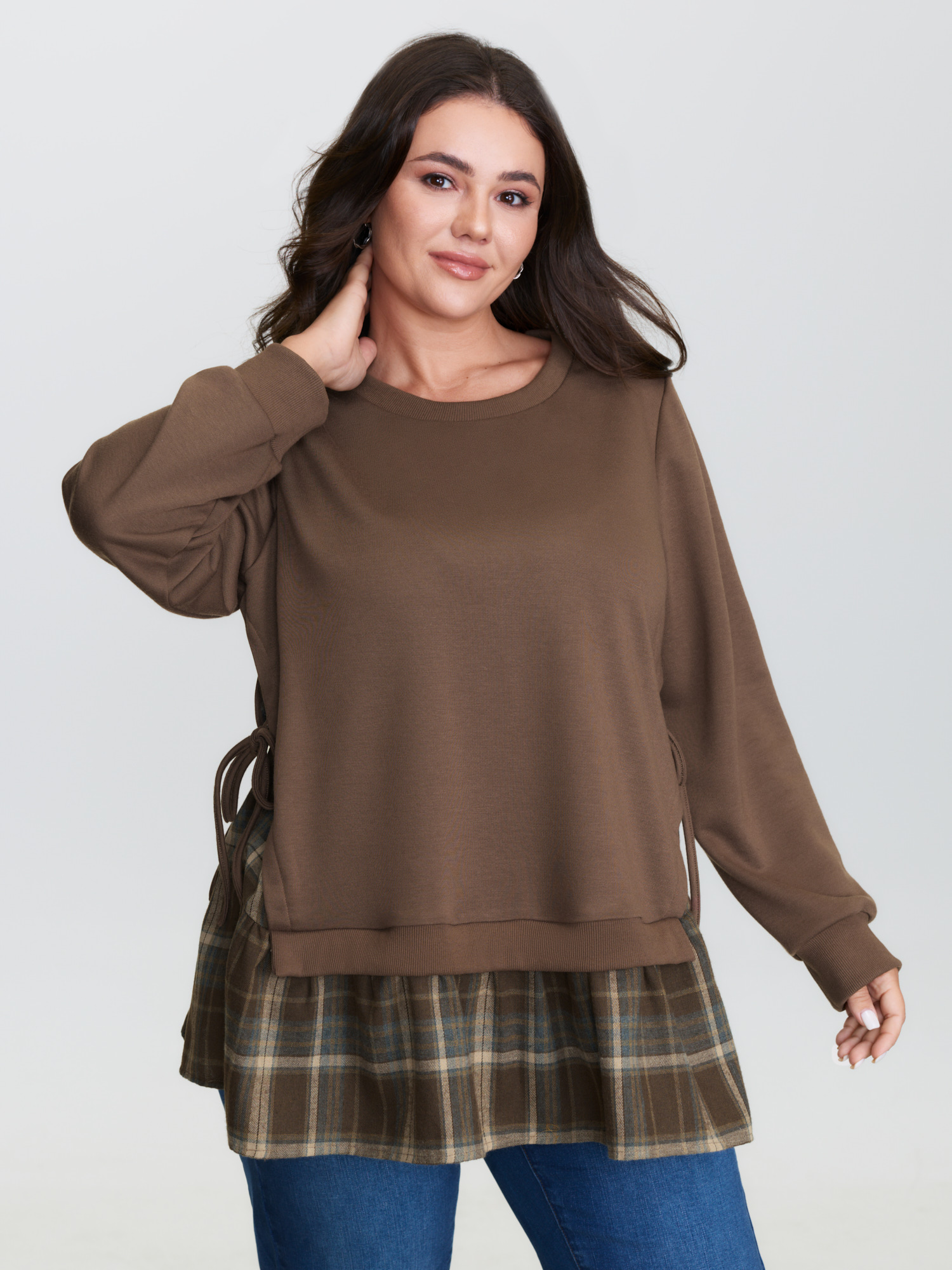 BloomChic Plus Size Plaid Pattern Layered Stretchy Sweatshirt - Women's DarkBrown Plaid Round Neck Comfort Midsection Fit Long Sleeve Americana Daily Sweatshirts 22-24/2X