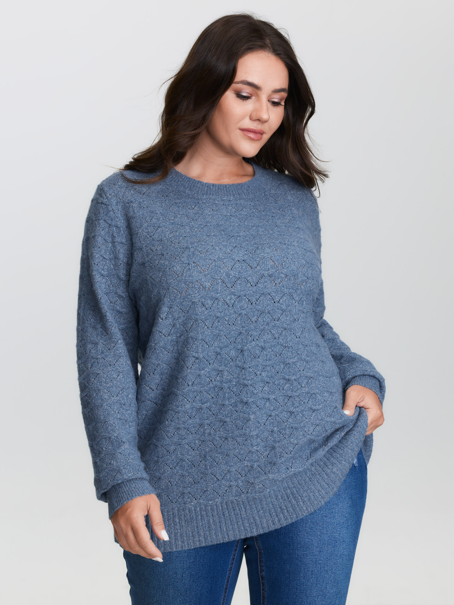 BloomChic Women's Plus Size Textured Cut-Out Ribbed Hem Knit Cardigan Stone Long Sleeve Round Neck 10/M