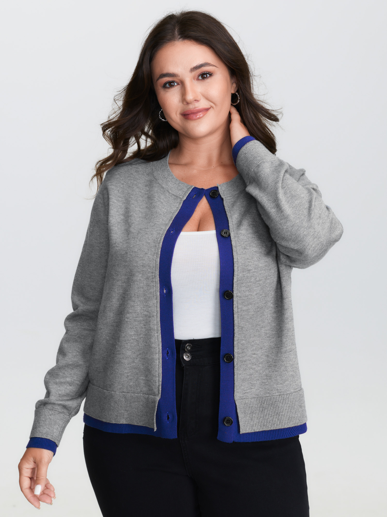 BloomChic Women's Plus Size 2-in-1 Color Contrast Ribbed Hem Knit Cardigan Mediumgray Long Sleeve Round Neck 10/M