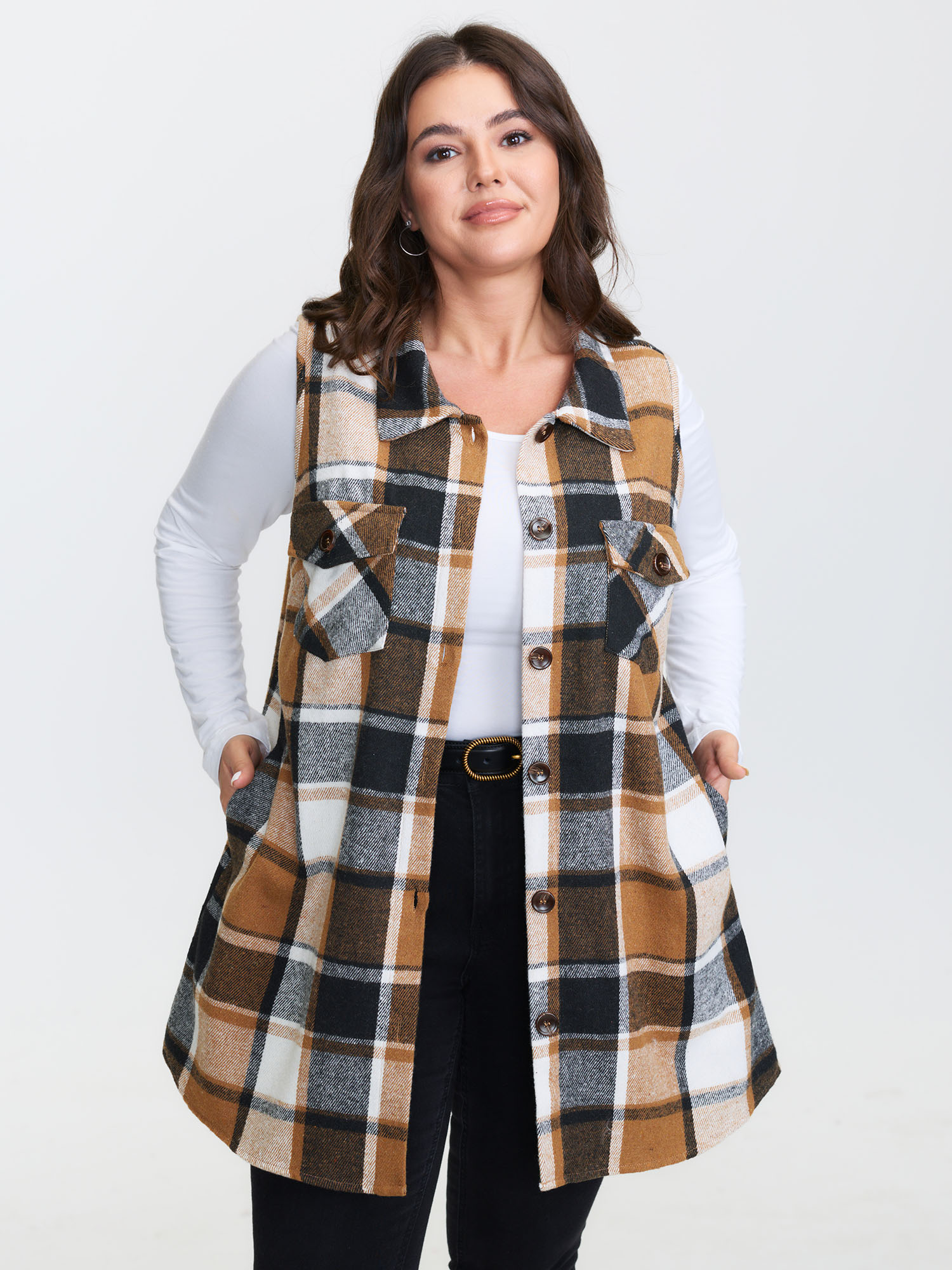 BloomChic Plus Size Plaid Button‑Front Sleeveless Jacket - Curve Women's Winterwear- Yellowishbrown Comfort Waist Fit Tunic Straight fit Jackets 14/M