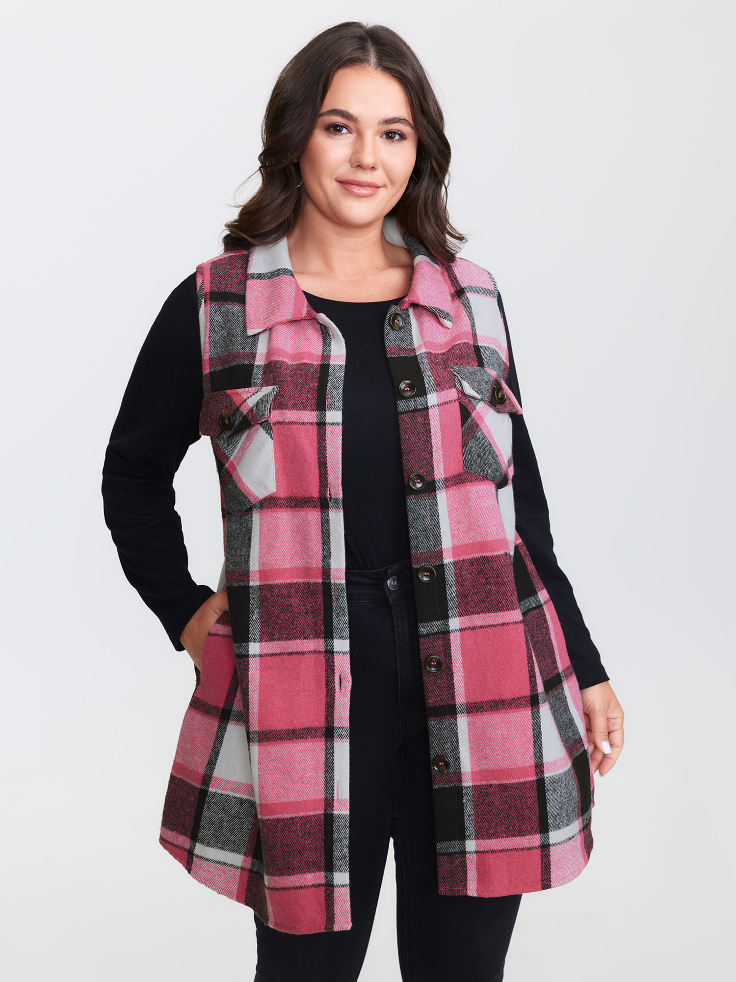 BloomChic Plus Size Plaid Button‑Front Sleeveless Jacket - Curve Women's Winterwear- Rosered Comfort Waist Fit Tunic Straight fit Jackets 14/M