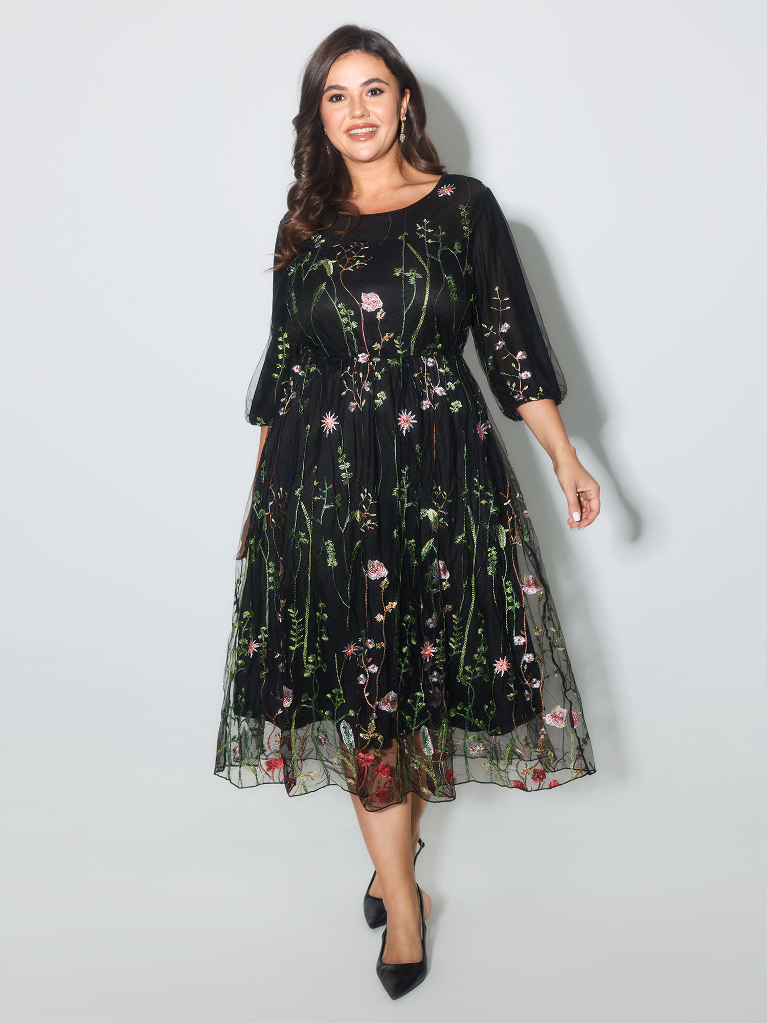 BloomChic Women's Plus Size Floral Embroidered Elastic Waist Lined Midi Dress Black Party Midi Mesh Panel Round Neck 18-20/2X-image-46540806357162