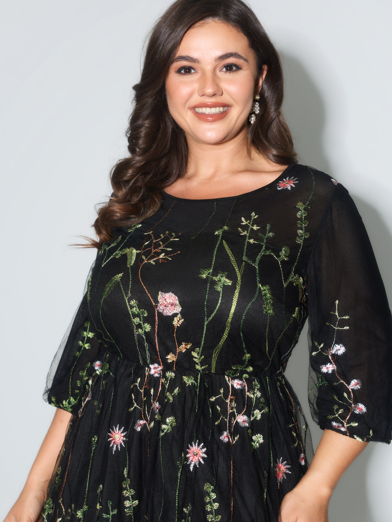 Side view of BloomChic Women's Plus Size Floral Embroidered Elastic Waist Lined Midi Dress Black Party Midi Mesh Panel Round Neck 12/L