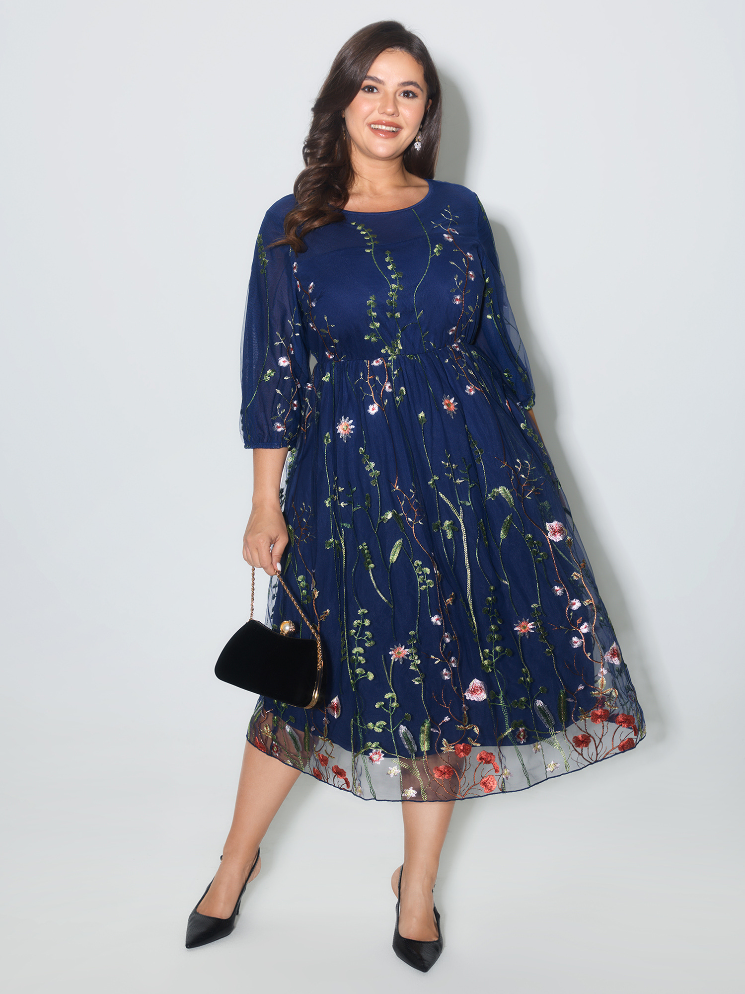 BloomChic Women's Plus Size Floral Embroidered Elastic Waist Lined Midi Dress Navy Party Midi Mesh Panel Round Neck 26/4X-image-46397218390186
