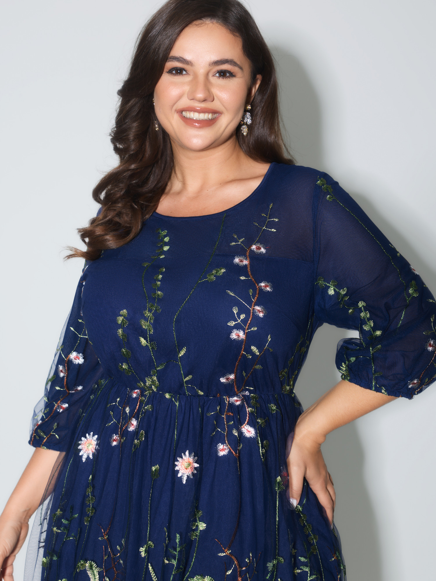 Side view of BloomChic Women's Plus Size Floral Embroidered Elastic Waist Lined Midi Dress Navy Party Midi Mesh Panel Round Neck 18-20/2X