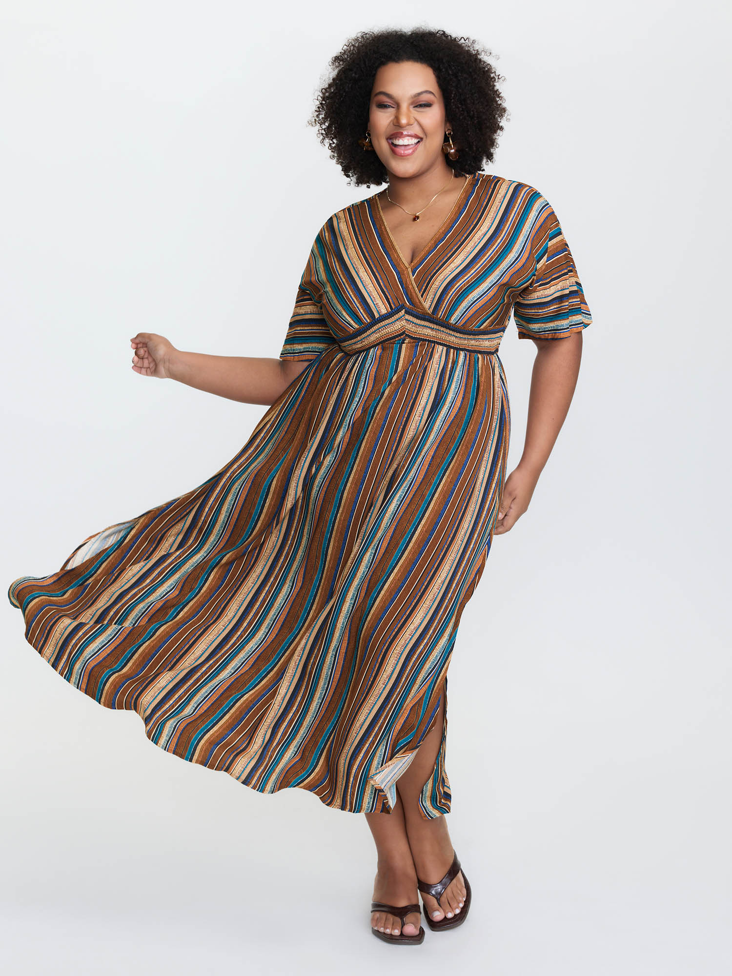 BloomChic Plus Size Striped Contrast Dolman Sleeve Shirred Pocket Split Flutter Dress - Curve Ladies Multicolor Boho Short sleeve Stripes Daily Dresses 34/6X
