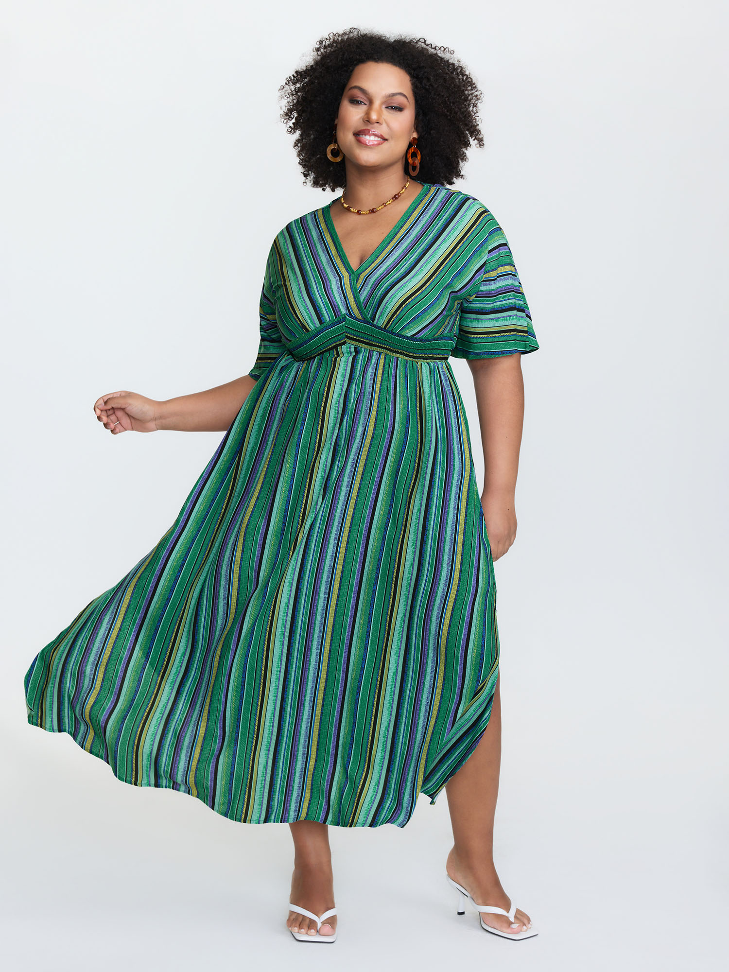 BloomChic Women's Plus Size Striped Contrast Dolman Sleeve Shirred Pocket Split Flutter Dress Emerald Stripes Maxi Vacation Smocked 30/6X