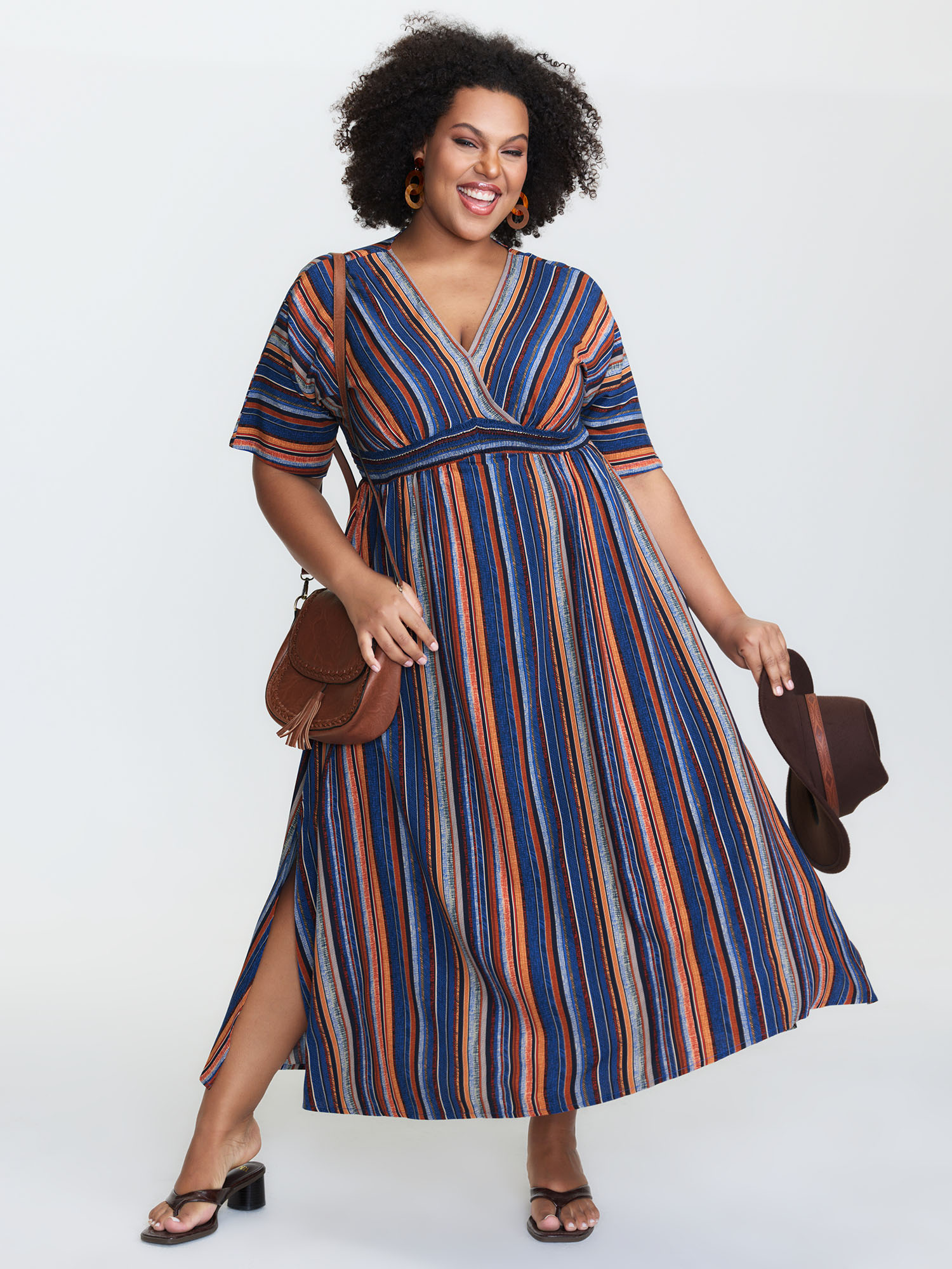BloomChic Plus Size Striped Contrast Dolman Sleeve Shirred Pocket Split Flutter Dress - Curve Ladies Blue Boho Short sleeve Stripes Daily Dresses 32/5X