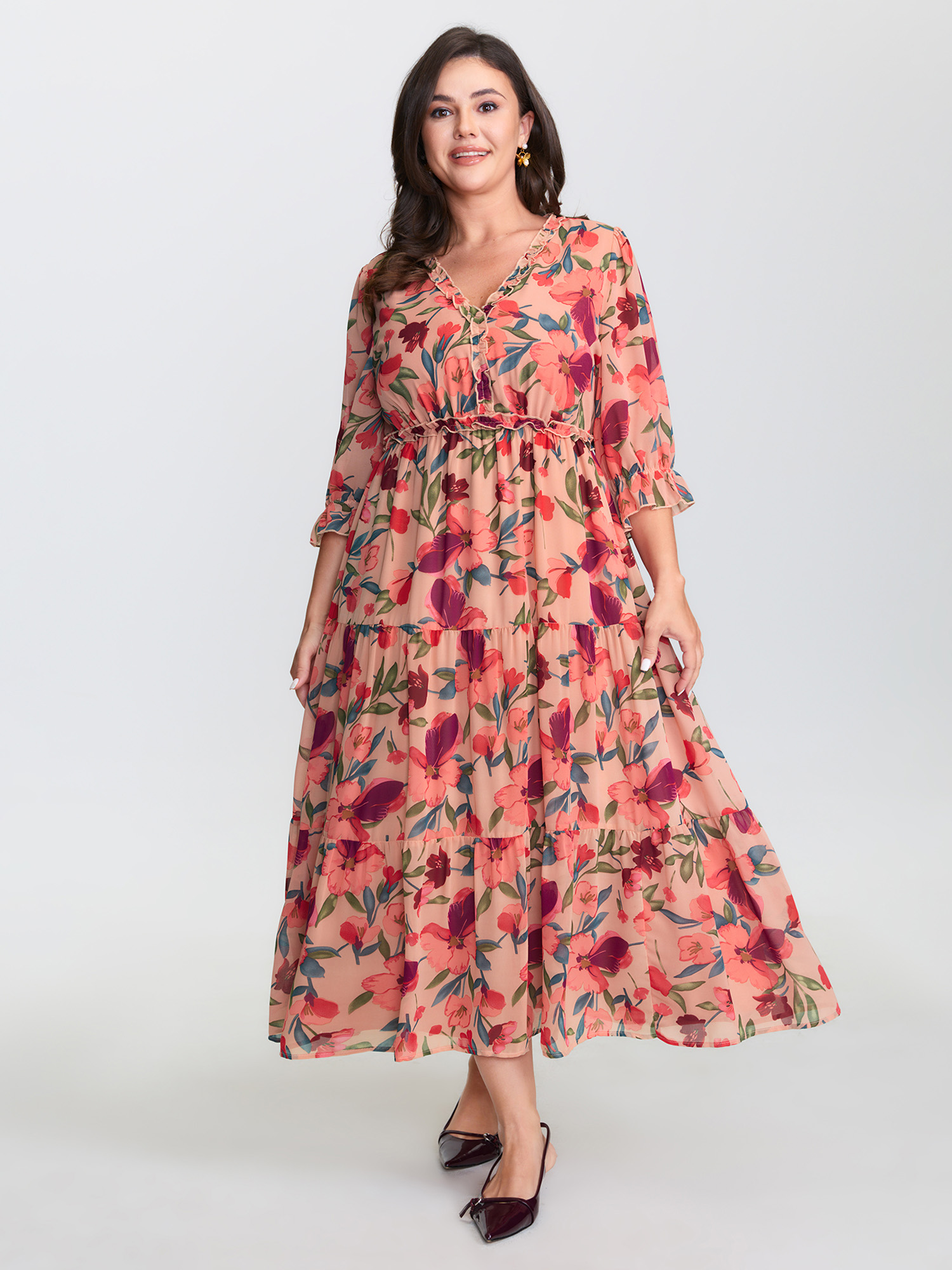 BloomChic Plus Size Romantic Floral Print Ruffled Edge Maxi Dress - Curve Ladies Crepe Elegant 3/4 Sleeve Floral Side Pocket Daily Dresses 22-24/2X