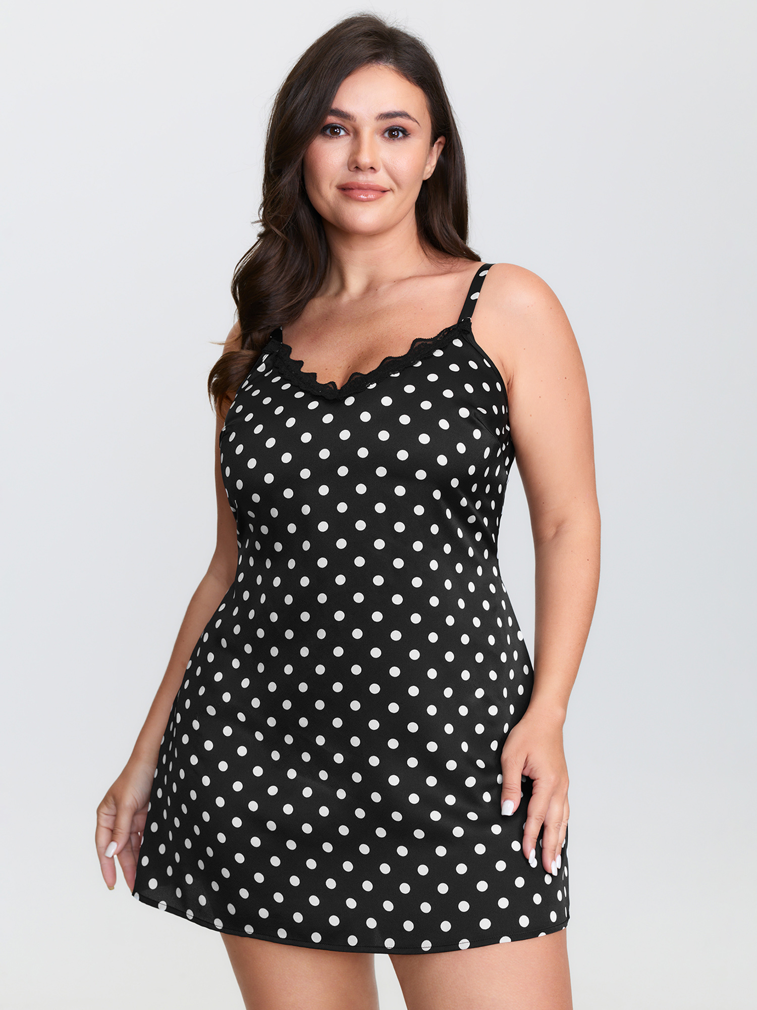 BloomChic Women's Plus Size Polka Dot Charm V-Neckline Nightgown Black Sleeveless Mini Deep V-Neck 18-20/2X-image-47908136255658