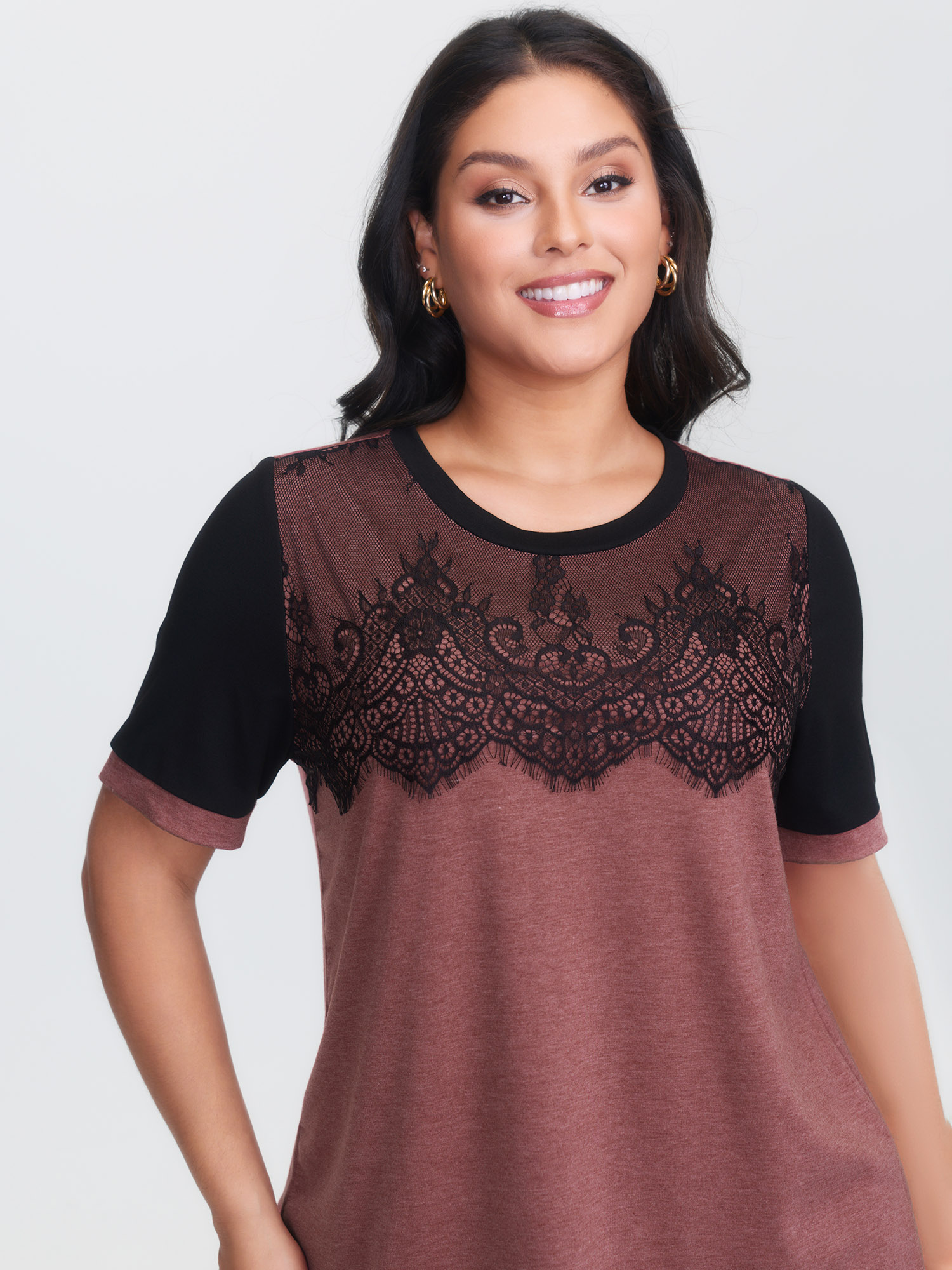 BloomChic Plus Size Stretchy Scalloped Lace Color Contrast T-Shirt - Women's Russet Solid Round Neck Comfort Midsection Fit Long Sleeve Playful T-shirts 18-20/1X