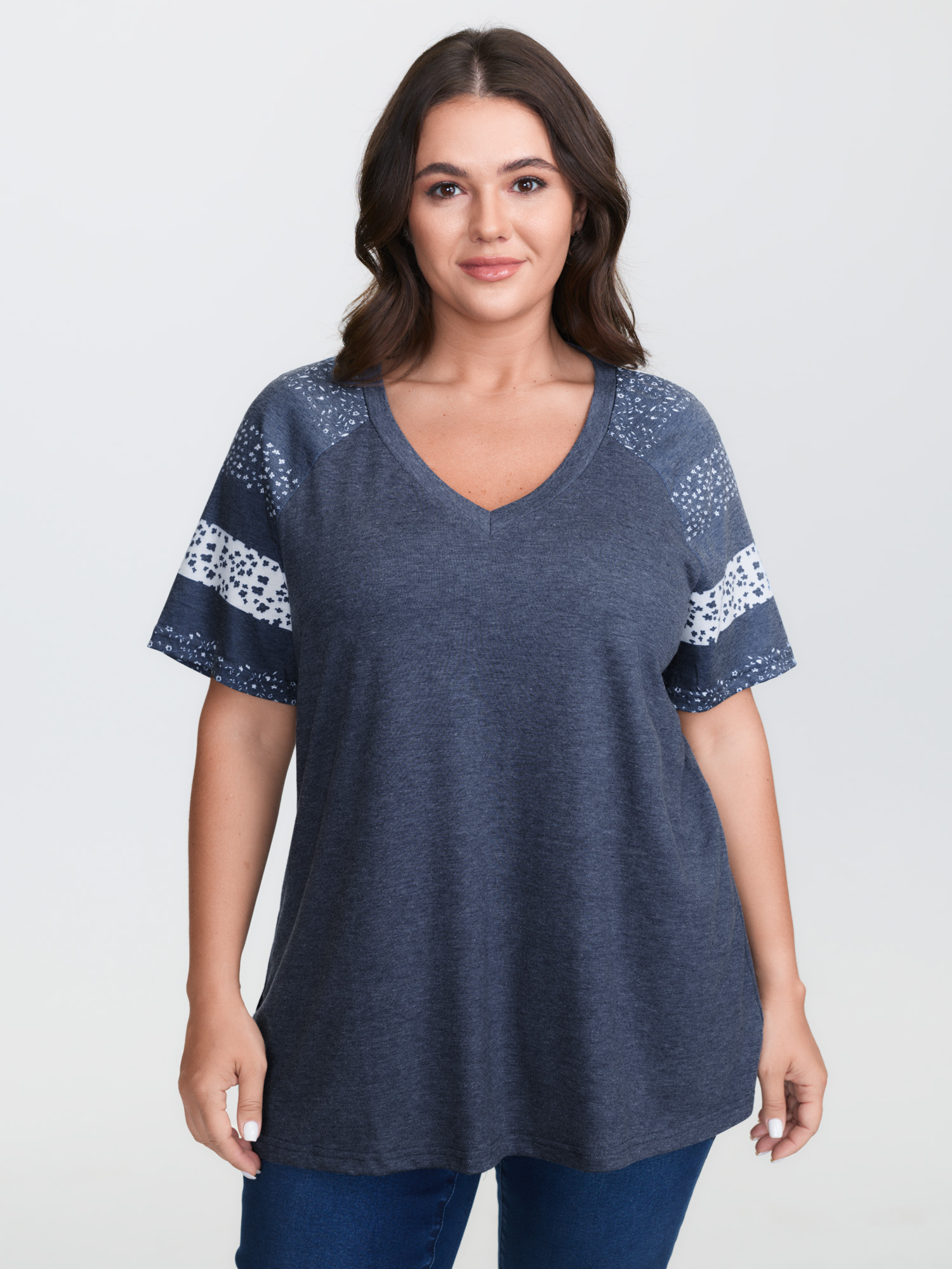 BloomChic Plus Size Ditsy Floral Colorblock Contrast Raglan Sleeve T-shirt - Women's Blue Solid Round Neck Comfort Midsection Fit Long Sleeve Playful T-shirts 14/M
