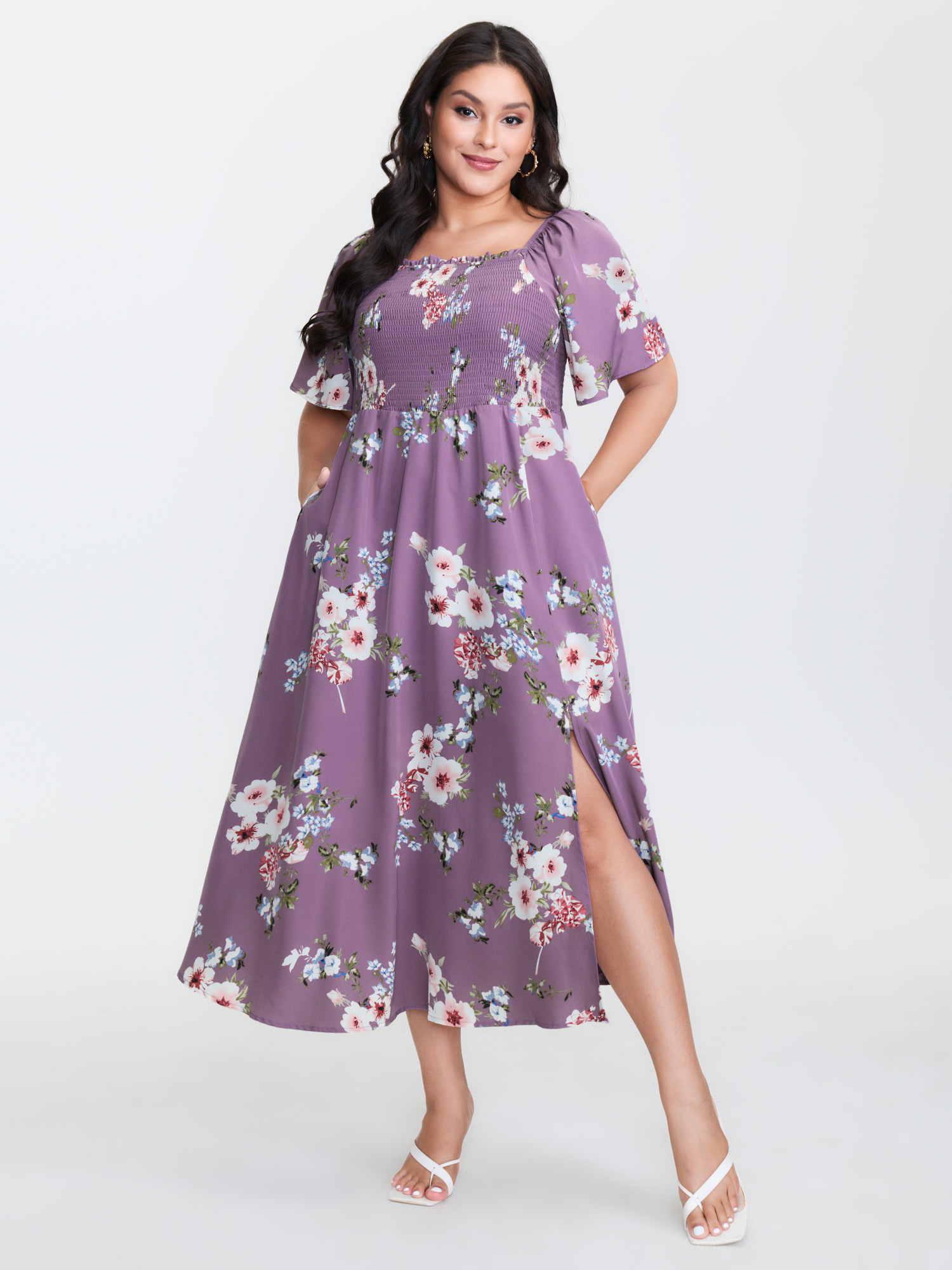 BloomChic Plus Size Floral Square Neck Ruffles Pocket Shirred Split Dress - Curve Ladies Mauve Elegant Short sleeve Floral Side seam pocket Daily Dresses 14/M