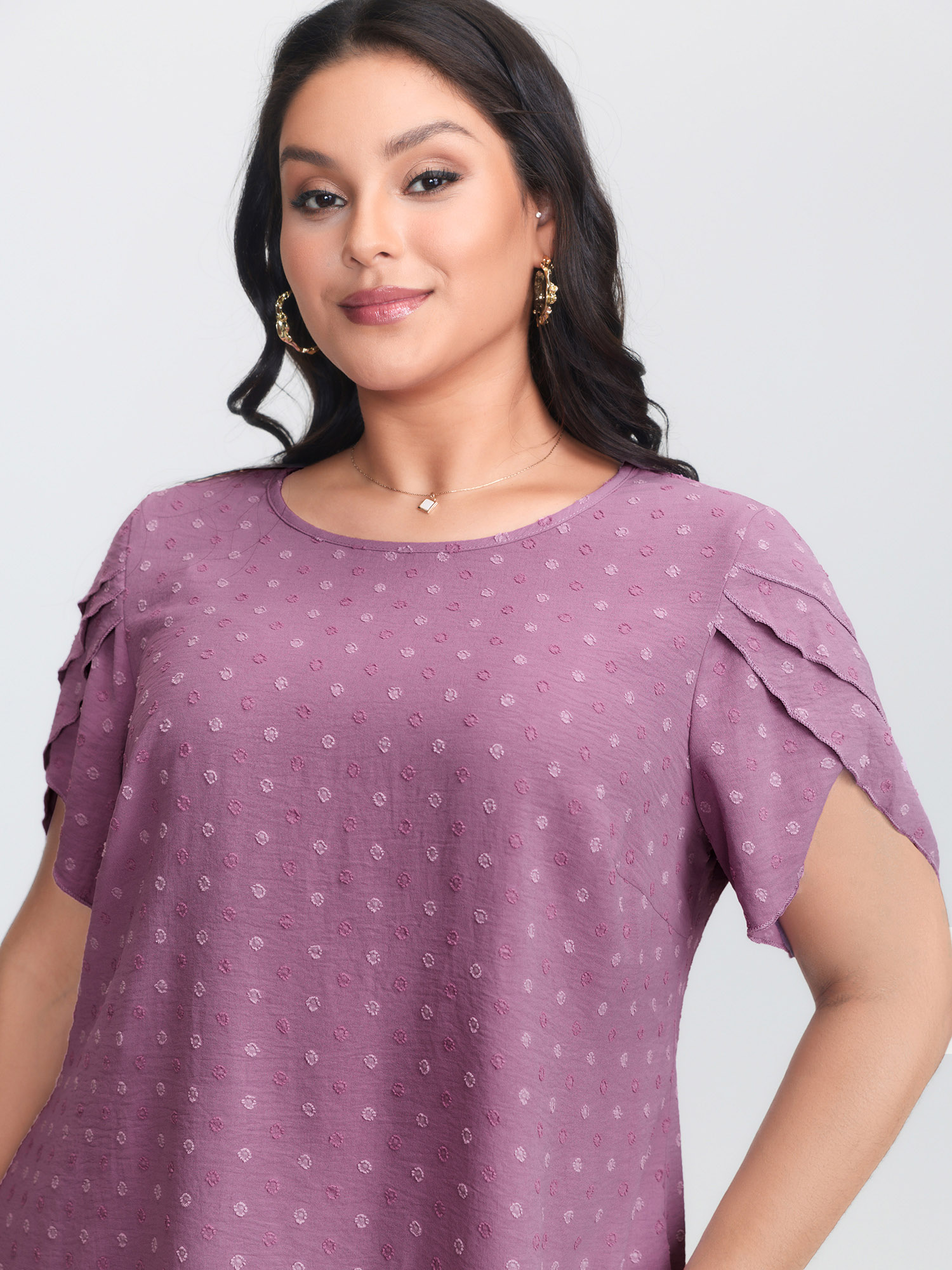 BloomChic Plus Size Textured Color Contrast Petal Sleeve Blouse - Women's Pale Pansy Solid Round Neck Short sleeve Elegant Blouses 14/M