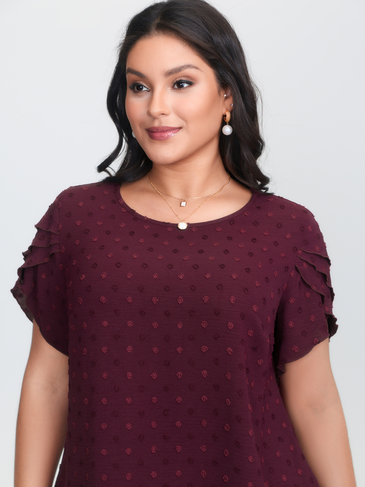 BloomChic Plus Size Textured Color Contrast Petal Sleeve Blouse - Women's Grape Wine Solid Round Neck Short sleeve Elegant Blouses 14/M