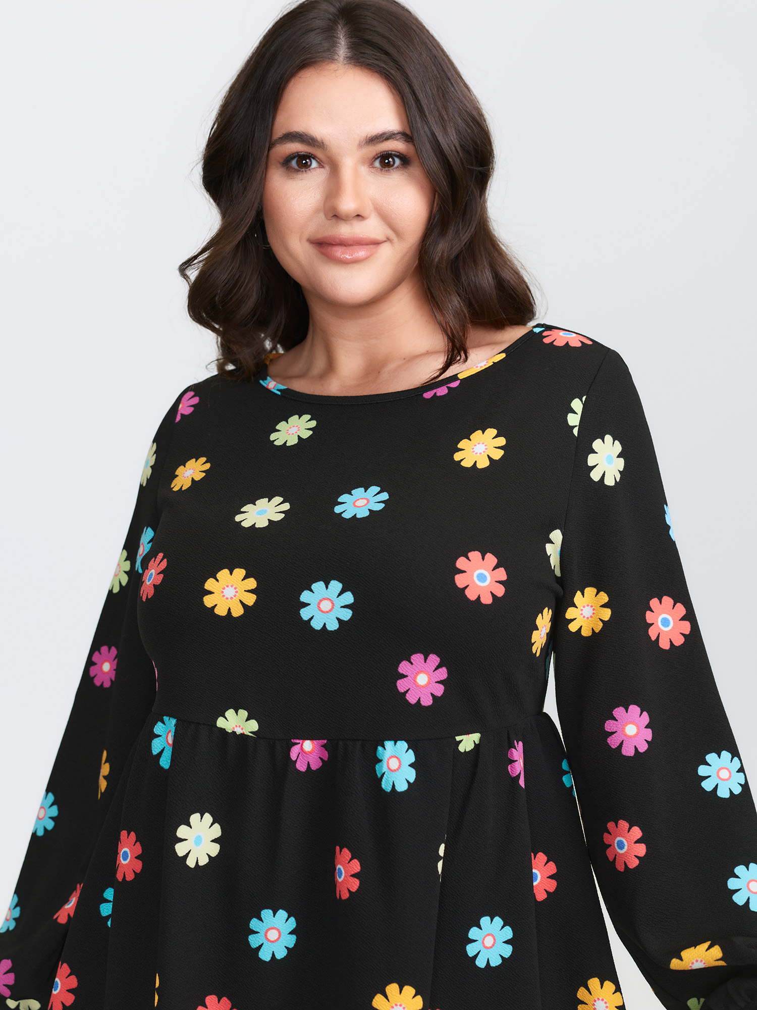 BloomChic Women's Plus Size Multi-Color Floral Textured Stretchy Knit Top Black Long Sleeve Everyday-Casual Round Neck 22-24/3X