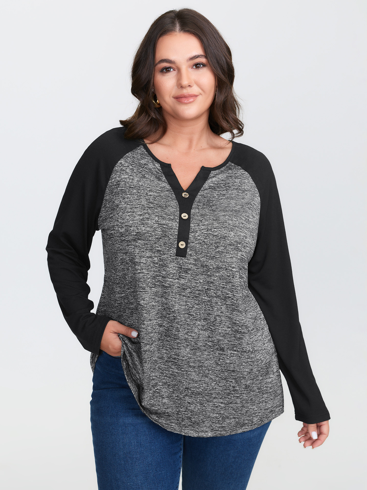 BloomChic Plus Size Heather Patchwork Button Detail Stretchy T-Shirt - Women's DarkGray Solid V-Notch Neck Comfort Waist Fit Long Sleeve Americana Daily T-shirts 26-28/3X