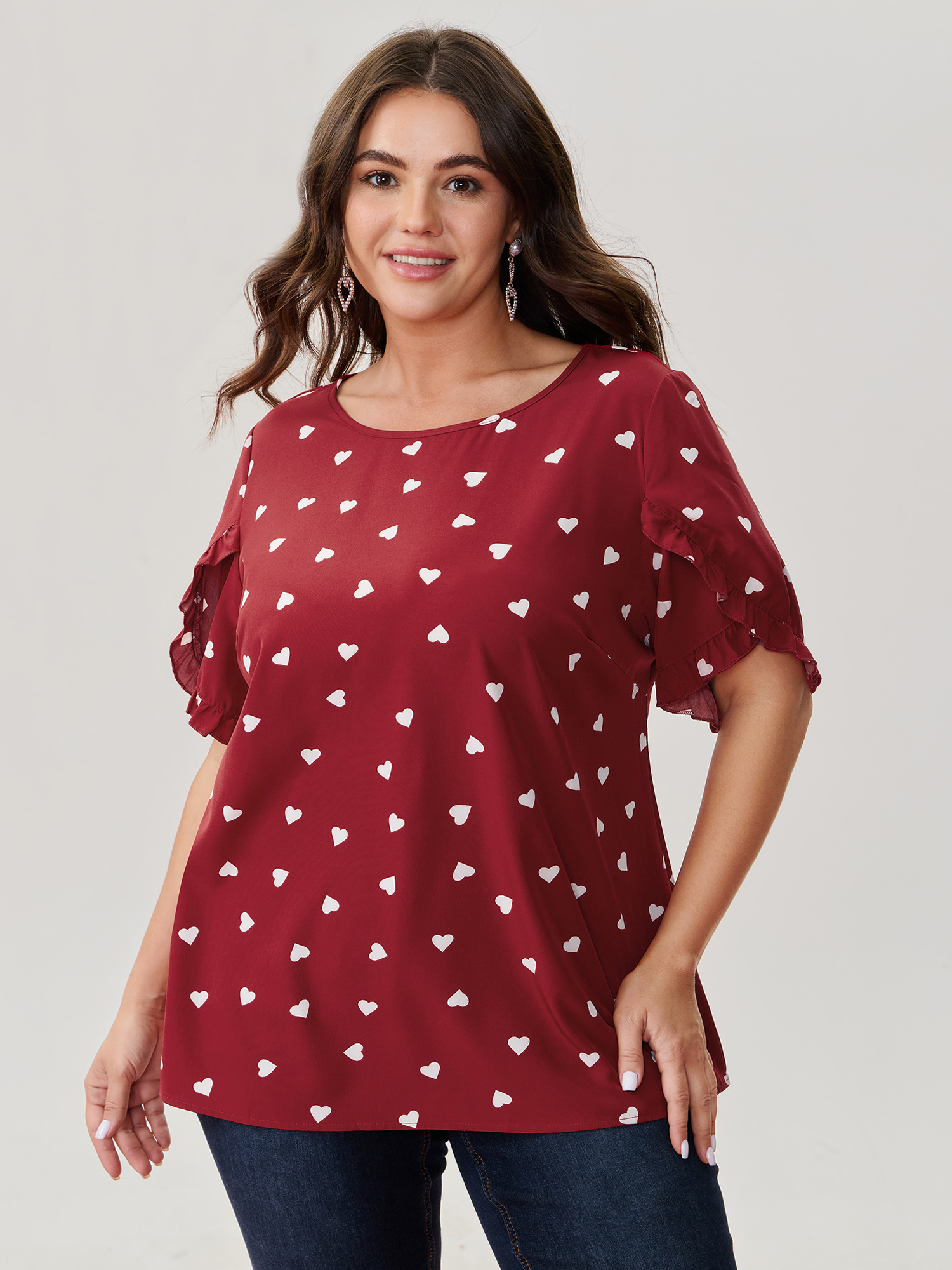 BloomChic Women's Plus Size Ruffled Overlap Sleeve Heart Pattern Blouse Scarlet Heart Everyday-Elegant Short sleeve Round Neck 18-20/2X
