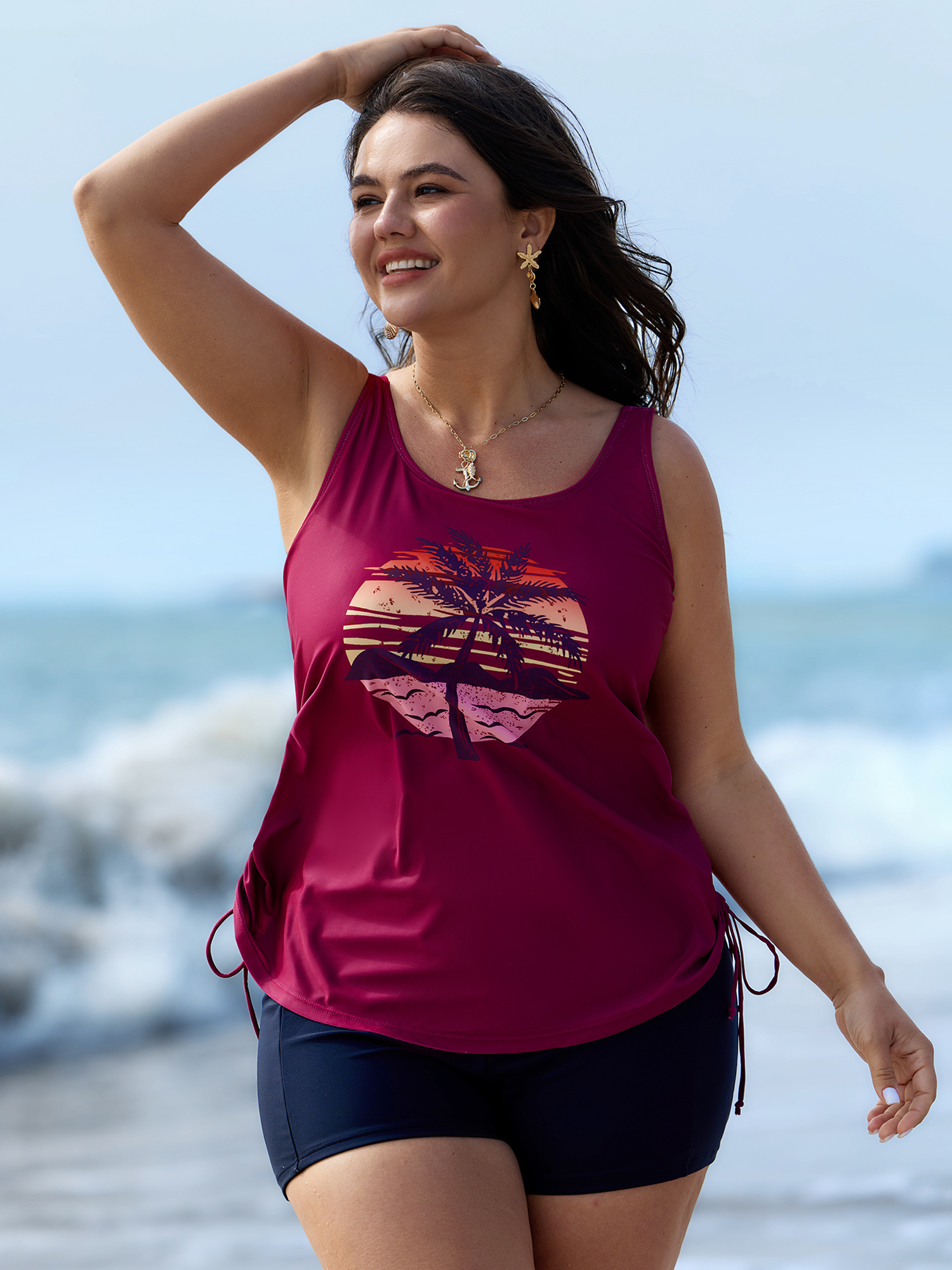 BloomChic Women's Plus Size Island Print Drawstring Adjustable Swim Top Rosered Tropical Sleeveless Ruched Bust Support 10/M