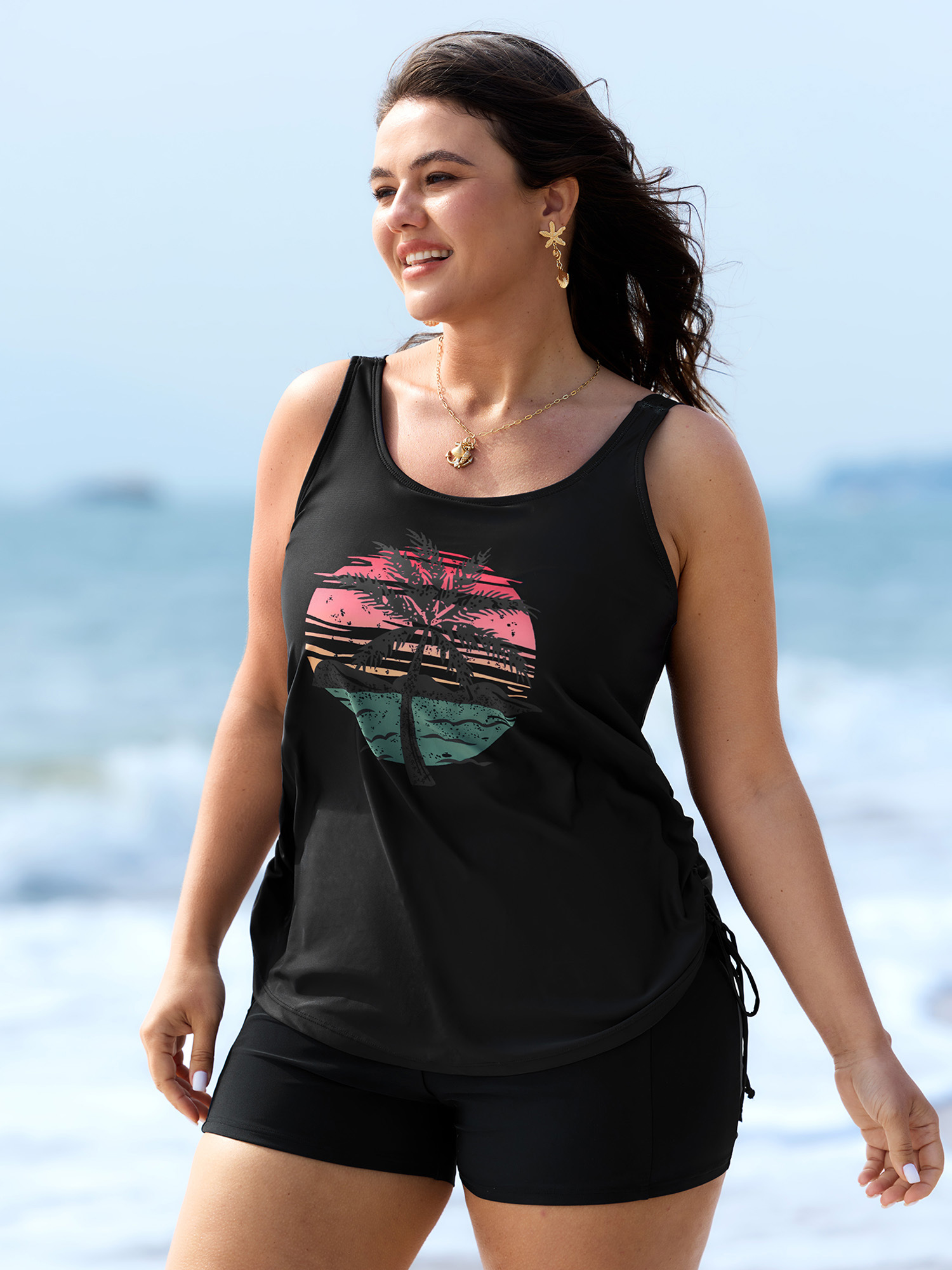 BloomChic Women's Plus Size Island Print Drawstring Adjustable Swim Top Black Tropical Sleeveless Ruched Bust Support 10/M