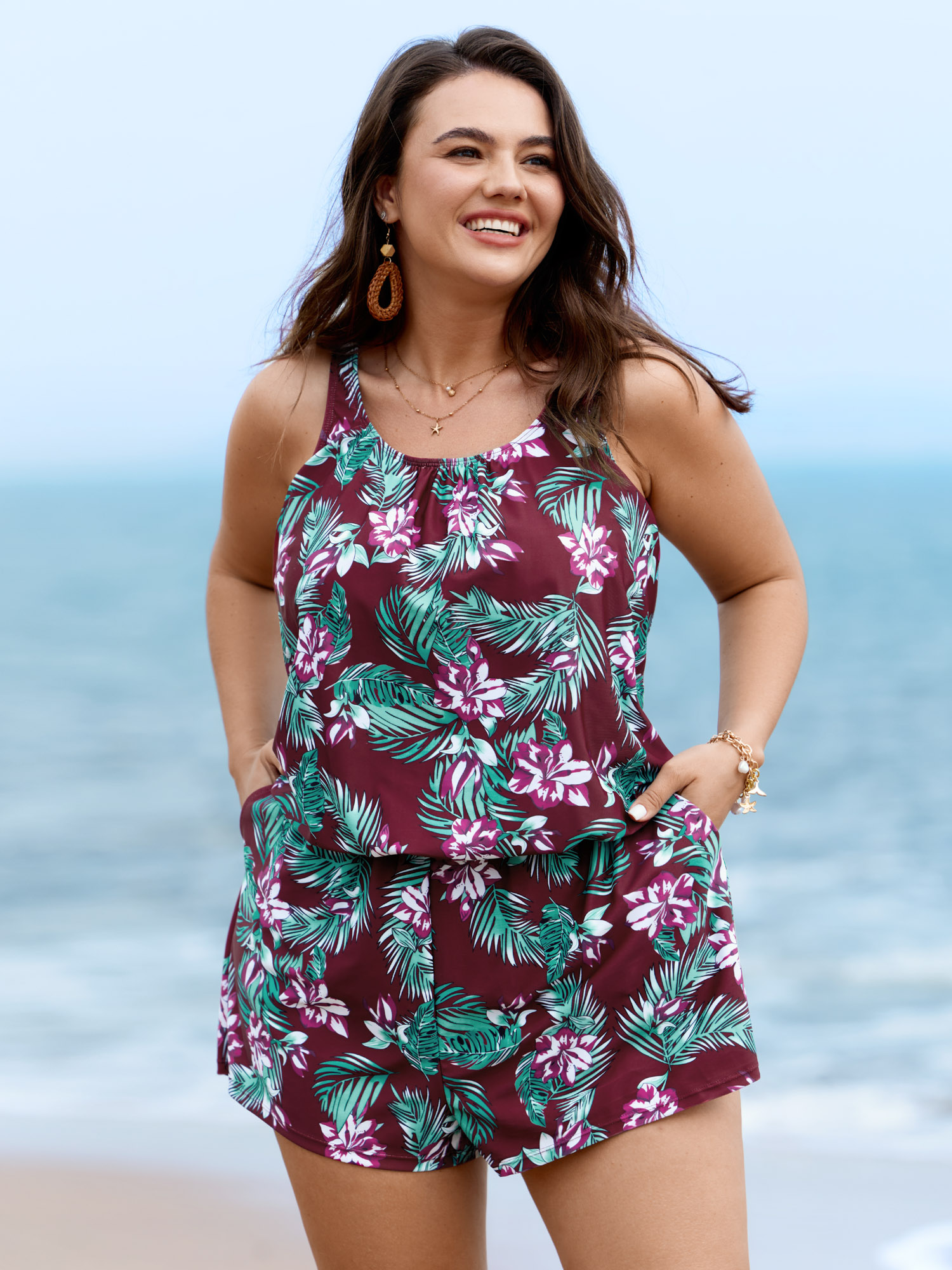 BloomChic Women's Plus Size Tropical Flower Print Pockets One-Piece Swimsuit Deepred Floral Ruched Contoured Hip Fit 10/M