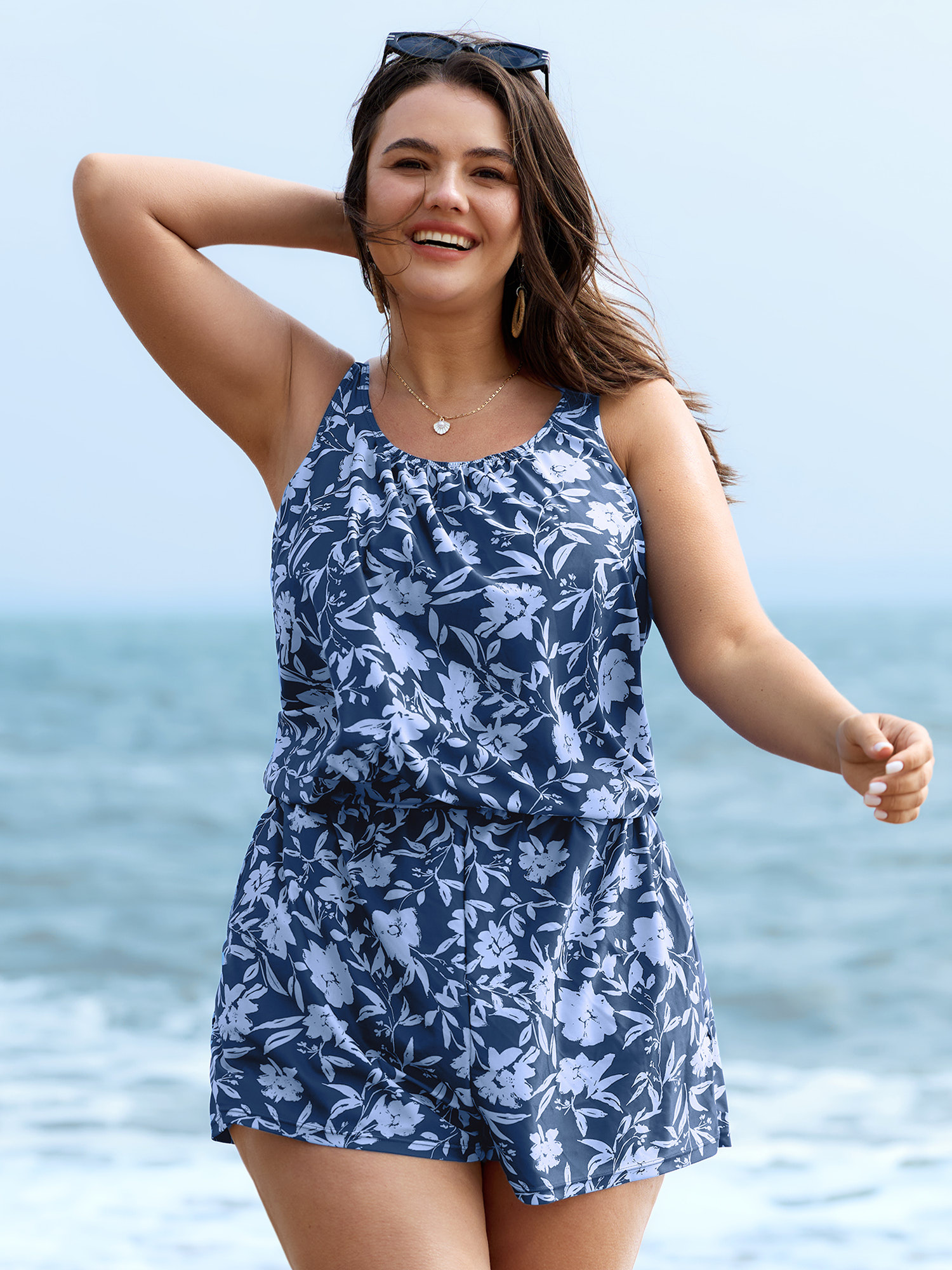 BloomChic Women's Plus Size Tropical Flower Print Pockets One-Piece Swimsuit Cerulean Floral Ruched Contoured Hip Fit 10/M