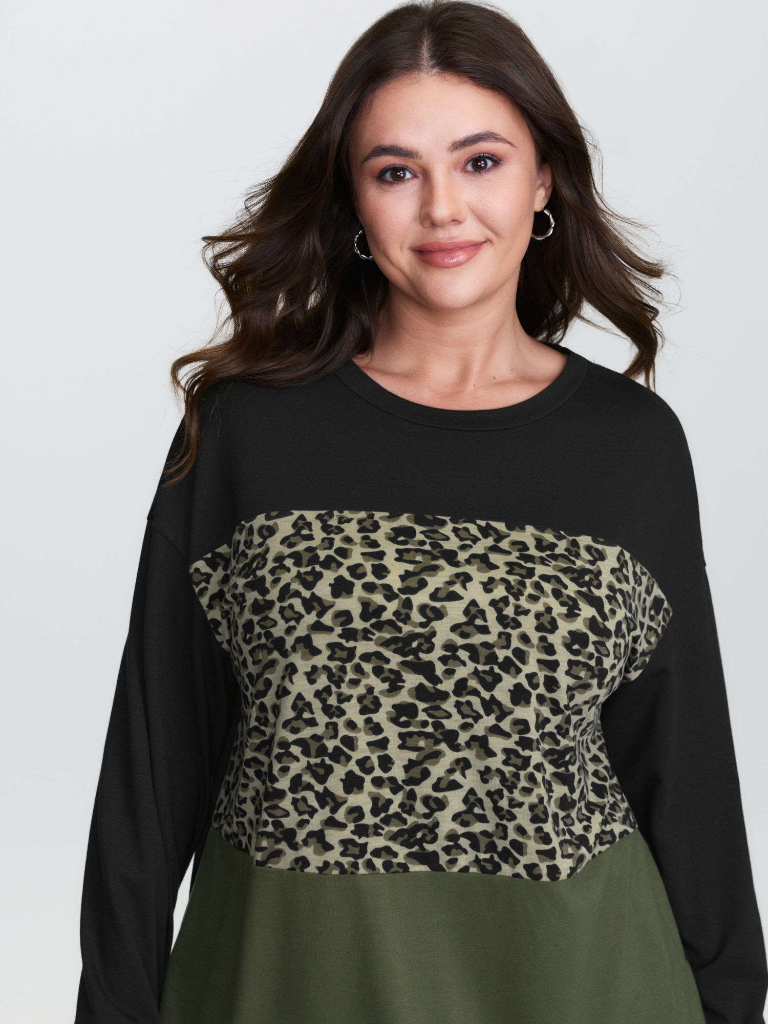 BloomChic Women's Plus Size Leopard Print Colorblock T-Shirt Multicolor Leopard Everyday-Casual Long Sleeve Round Neck 10/M