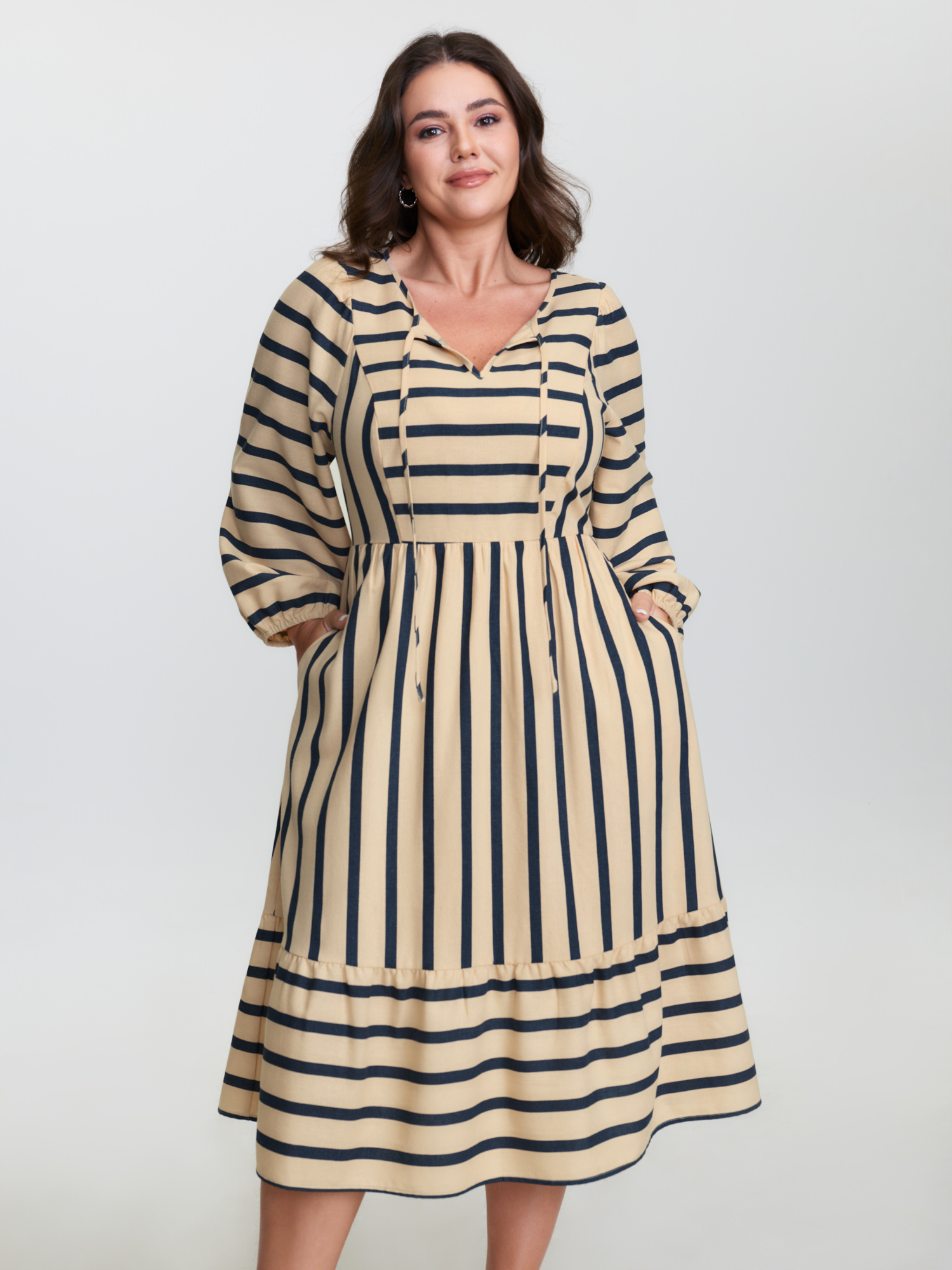 BloomChic Women's Plus Size Cotton Linen Asymmetrical Striped Neckline Tie Midi Dress Mediumblue Stripes Midi Everyday-Casual Lace-Up 10/M