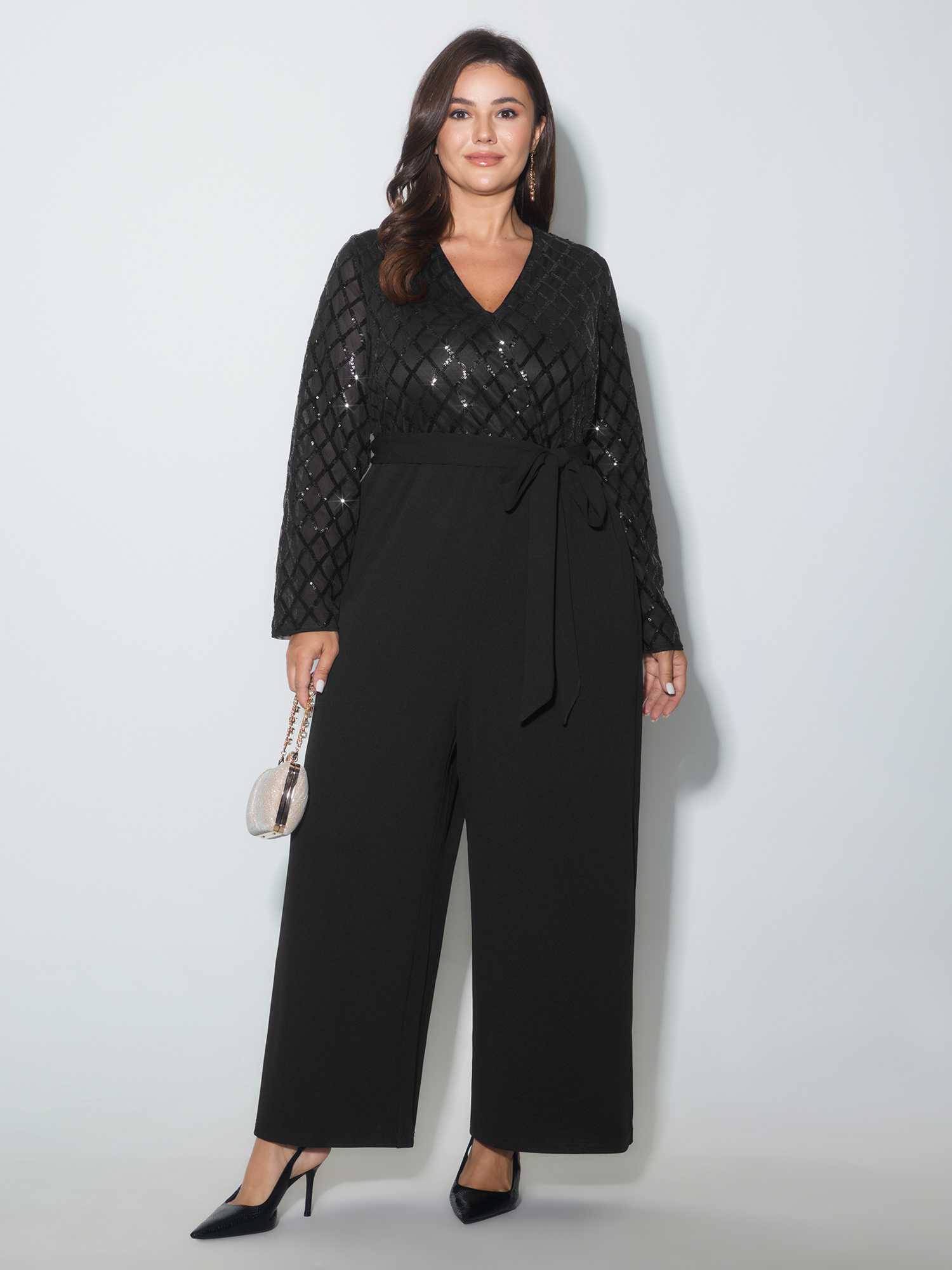 BloomChic Women's Plus Size Sparkly Sequin Side-Tie Jumpsuin Black Occasion 14-16/1X