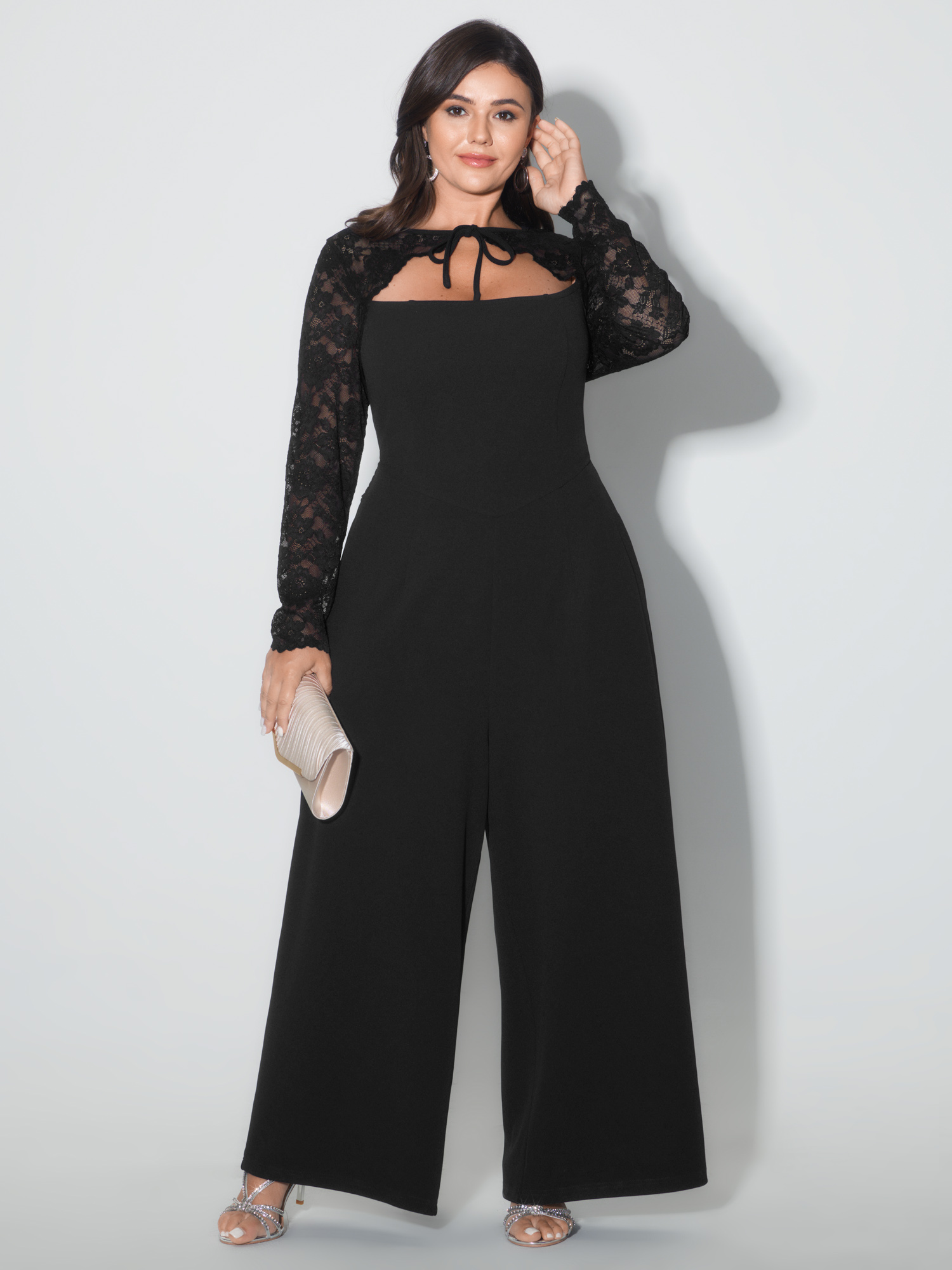 BloomChic Women's Plus Size Sheer Lace Sleeve Cut-Out Neckline Jumpsuit Pureblack Occasion 12/L
