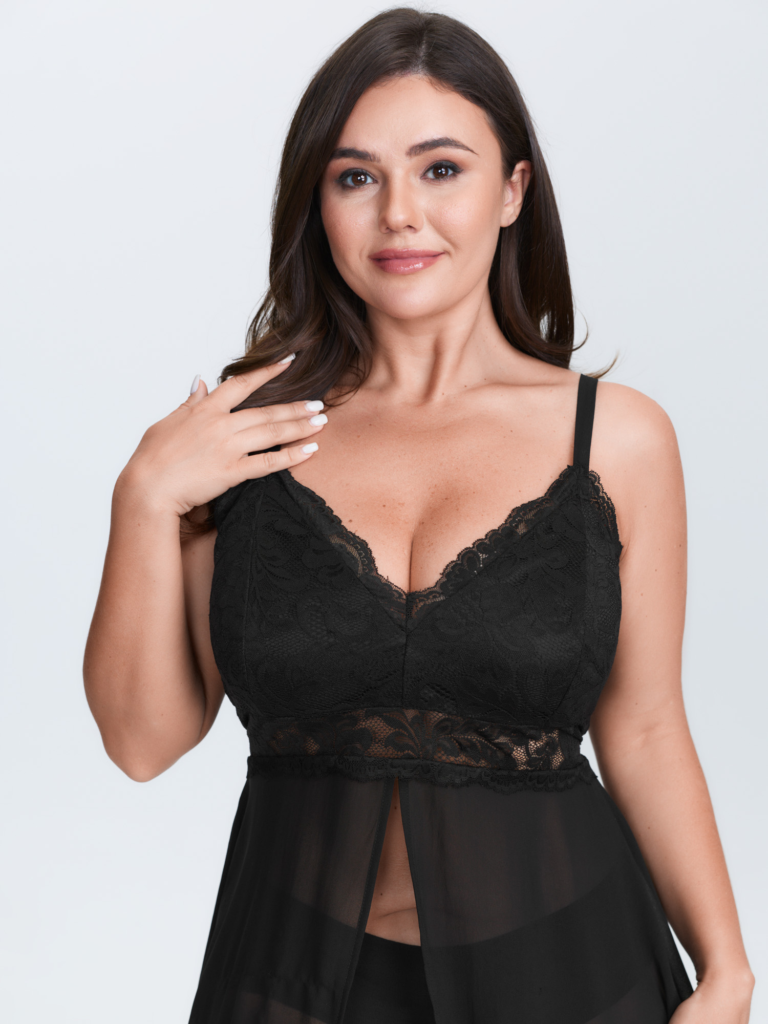 Side view of BloomChic Women's Plus Size Romantic Sheer Front Slit Lace Nightgown Black Sleeveless Length Sweetheart Neck 14-16/1X