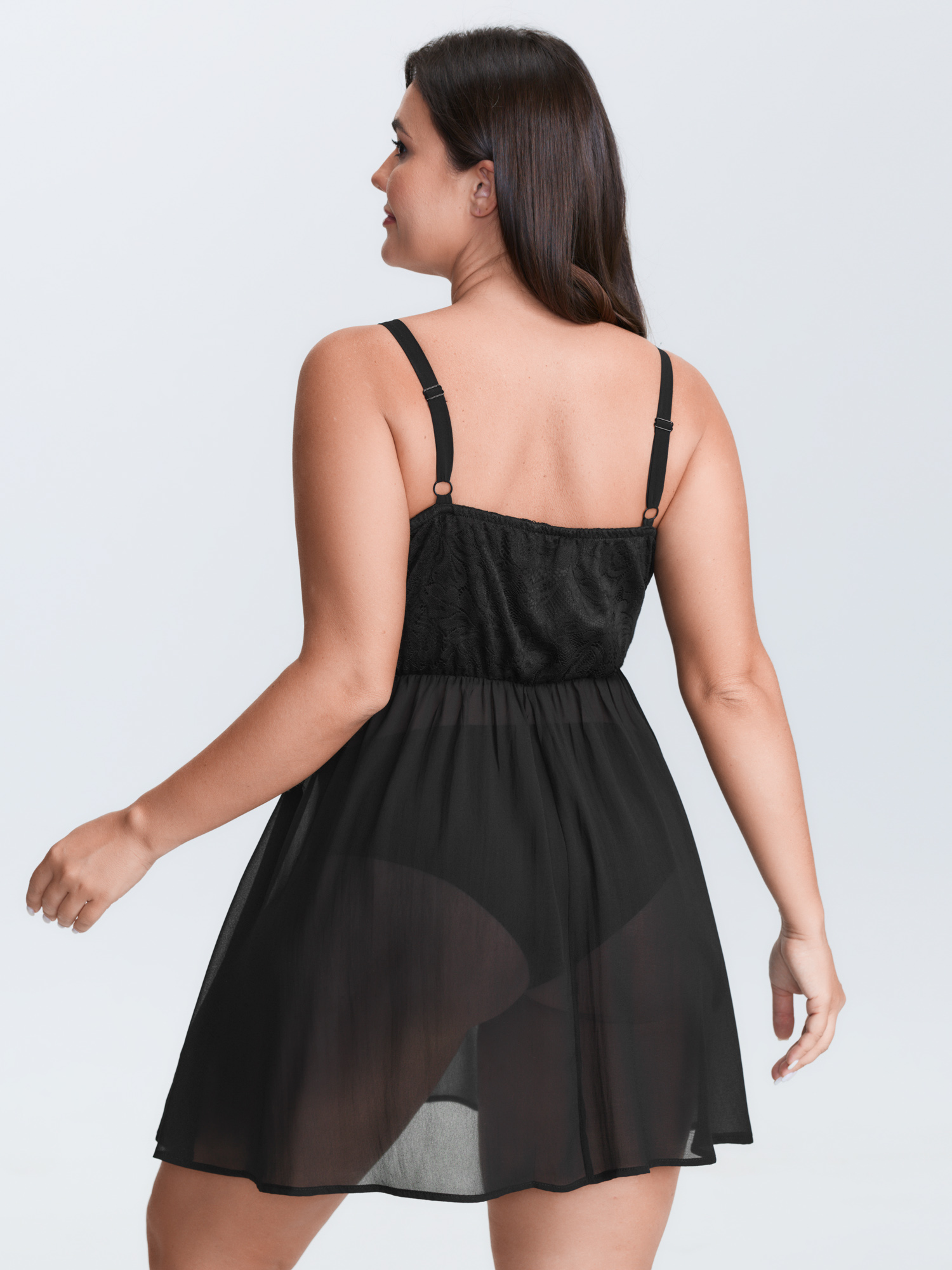 Side view of BloomChic Women's Plus Size Romantic Sheer Front Slit Lace Nightgown Black Sleeveless Length Sweetheart Neck 14-16/1X