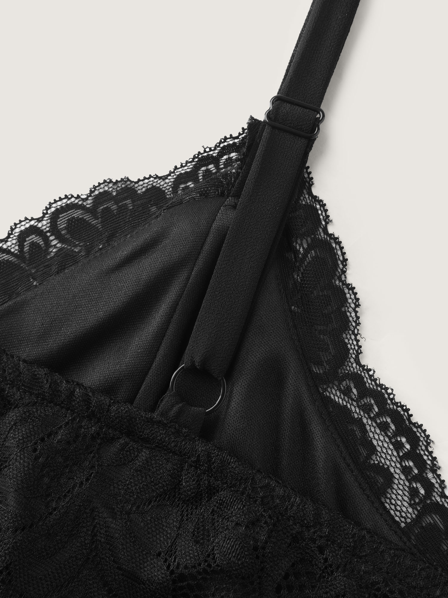 Side view of BloomChic Women's Plus Size Romantic Sheer Front Slit Lace Nightgown Black Sleeveless Length Sweetheart Neck 14-16/1X