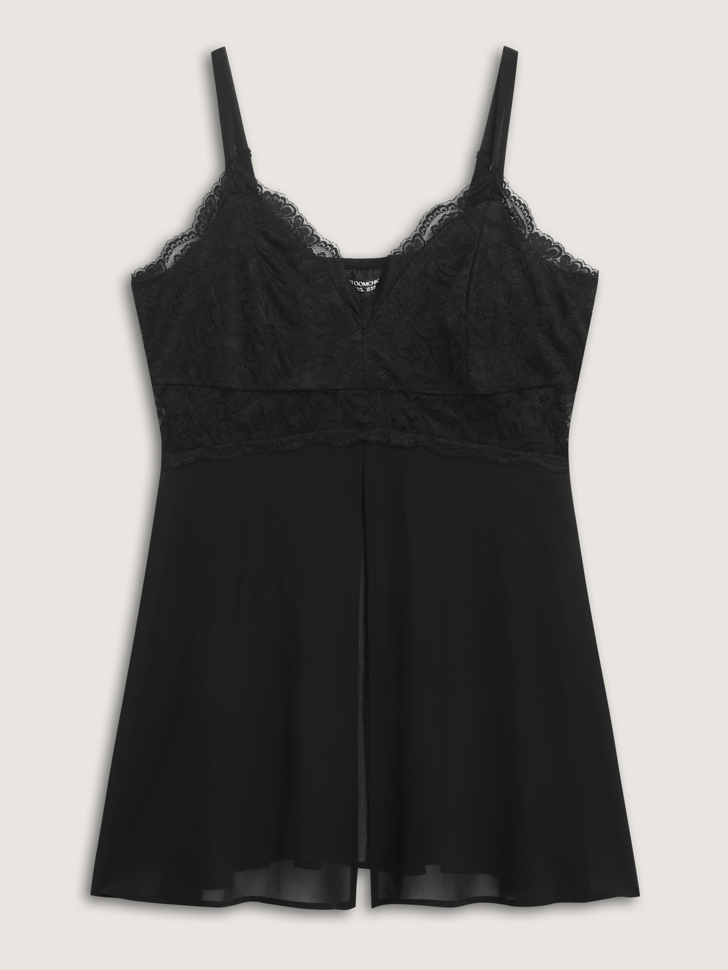 Side view of BloomChic Women's Plus Size Romantic Sheer Front Slit Lace Nightgown Black Sleeveless Length Sweetheart Neck 14-16/1X