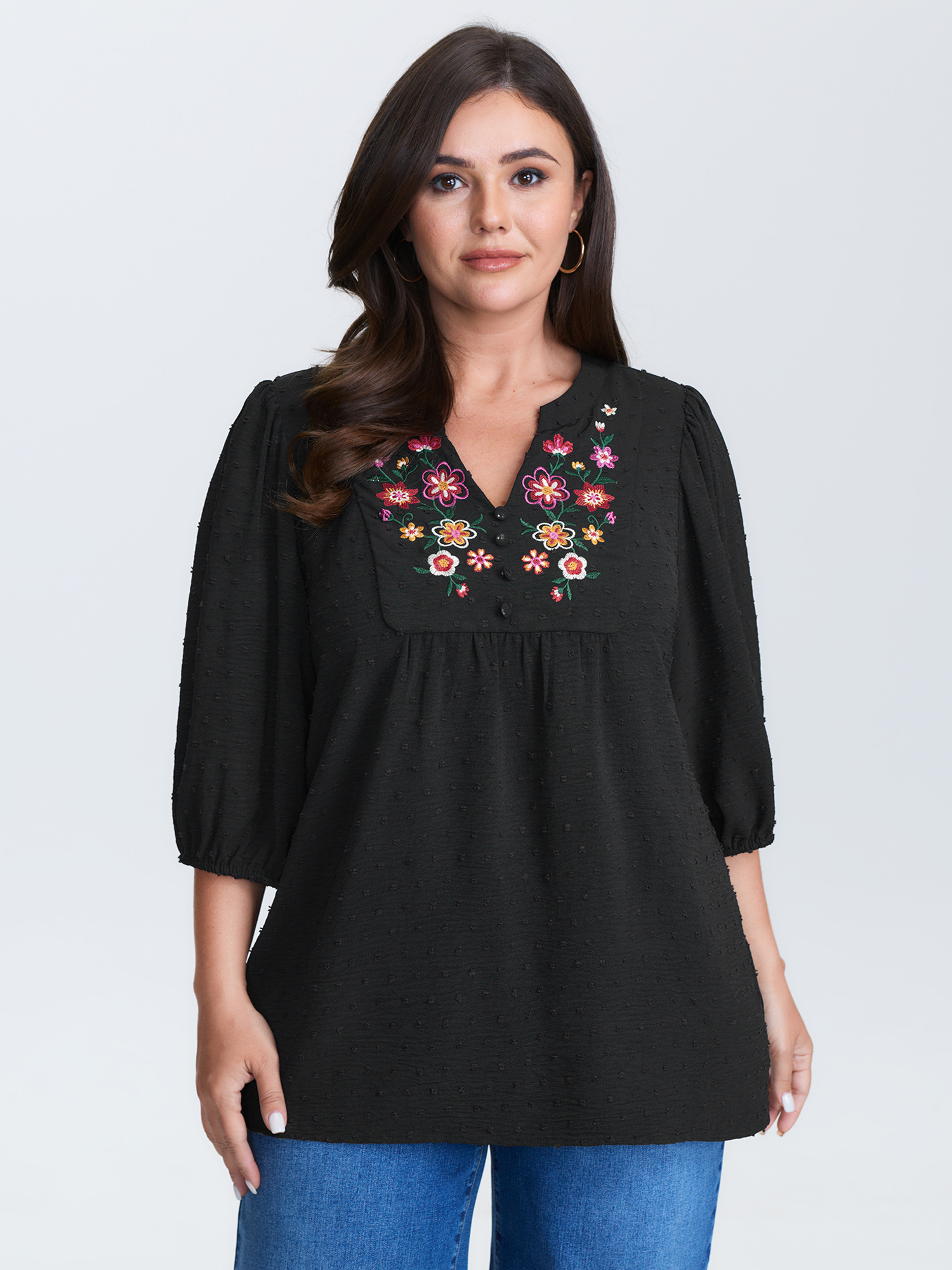 BloomChic Plus Size Multicolor Floral Embroidered Flowy Blouse - Women's Black Floral V-Notch Neck Long Sleeve Resort Blouses 14/M