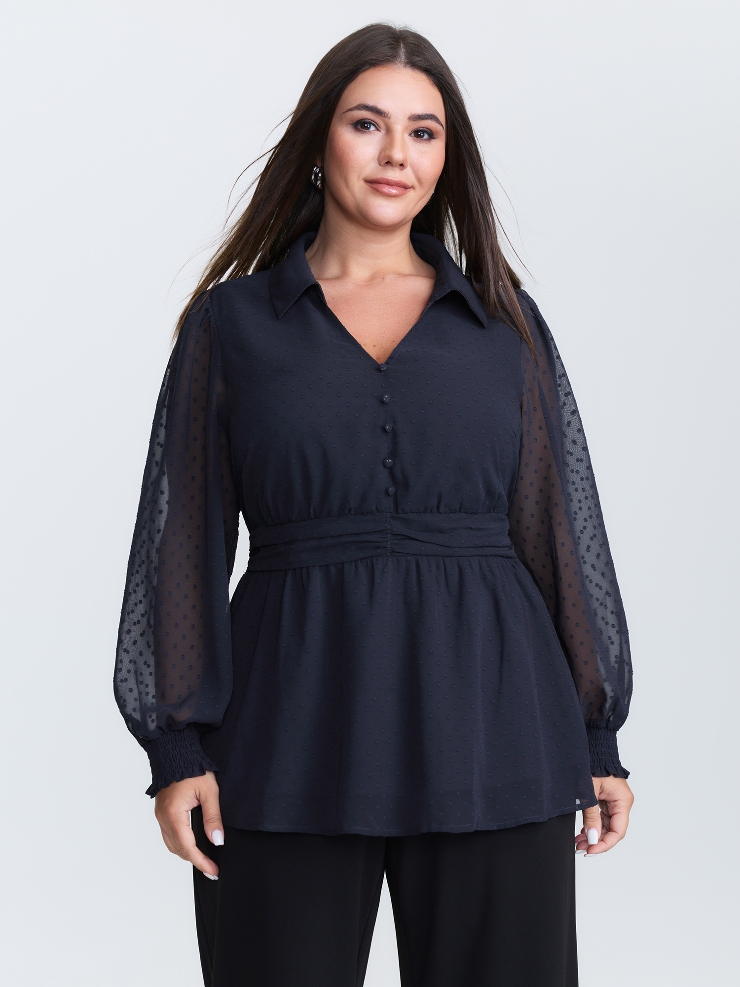BloomChic Women's Plus Size Textured Polka Dots Shirred Sheer Blouse Indigo Solid Office Long Sleeve Collared Neck 10/M