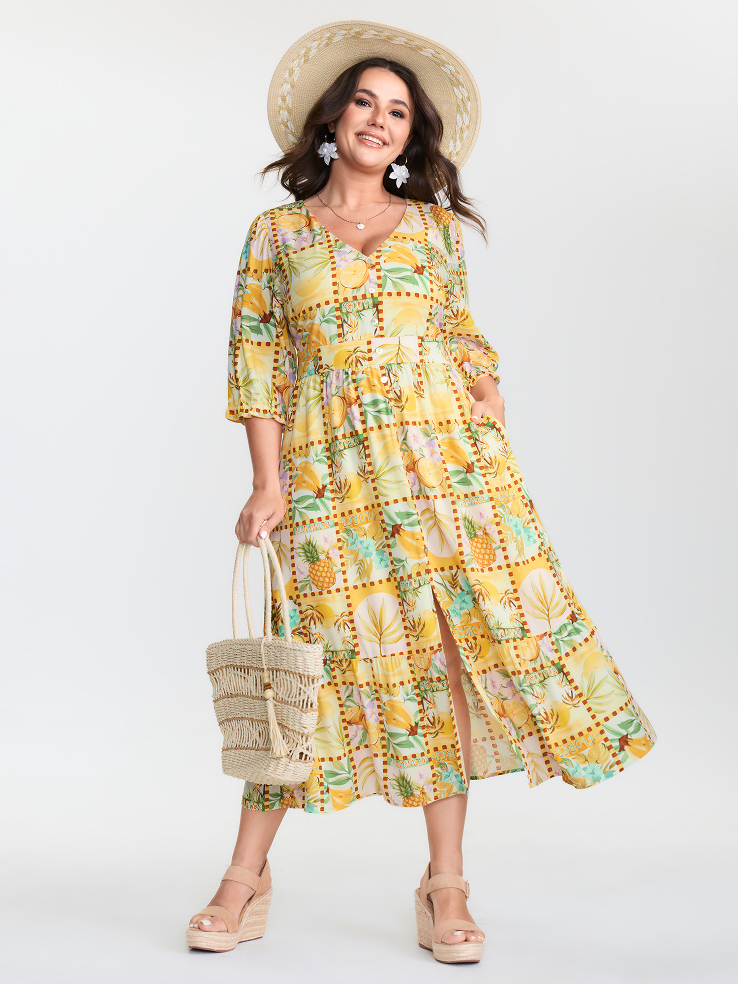 BloomChic Women's Plus Size Fruity Collage Cinched Waist Slit Midi Dress Lemonyellow Tropical Midi Vacation Smocked 10/M
