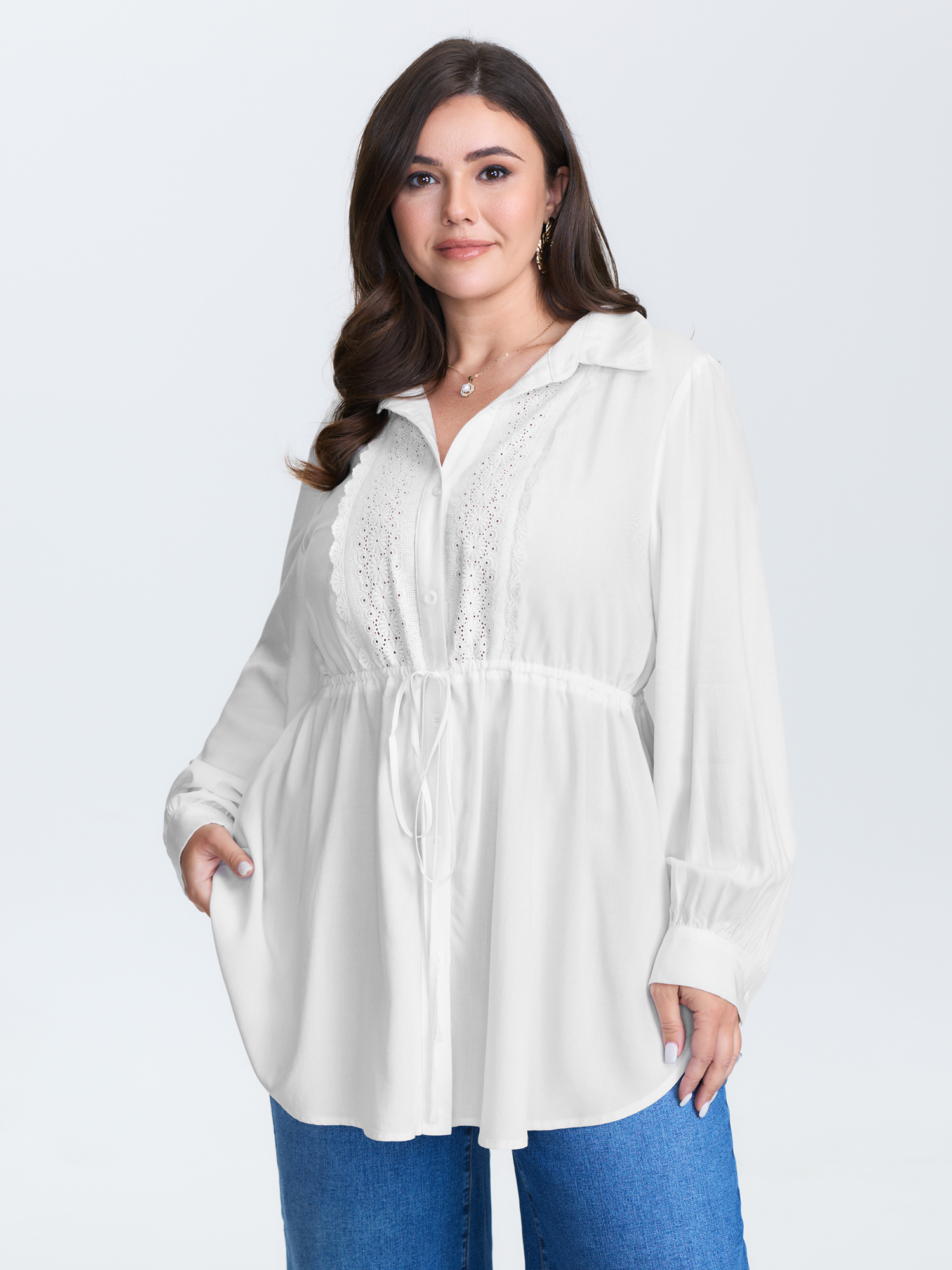 BloomChic Women's Plus Size Lace Cut-Out Drawstring Waist Blouse WhiteSmoke Solid Everyday-Elegant Long Sleeve Collared Neck 12/L
