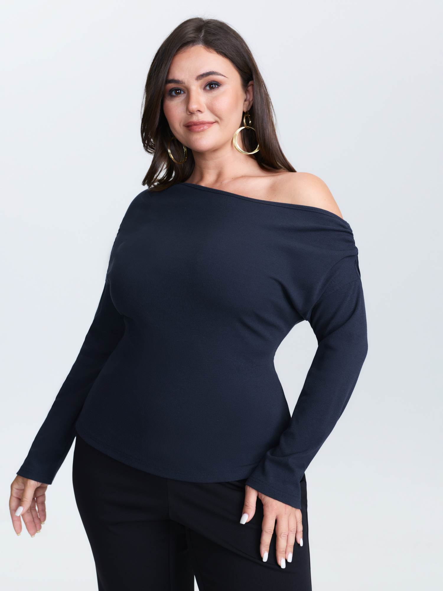 BloomChic Women's Plus Size One-Shoulder Pleated T-Shirt Indigo Long Sleeve Everyday-Elegant One-Shoulder 30/6X