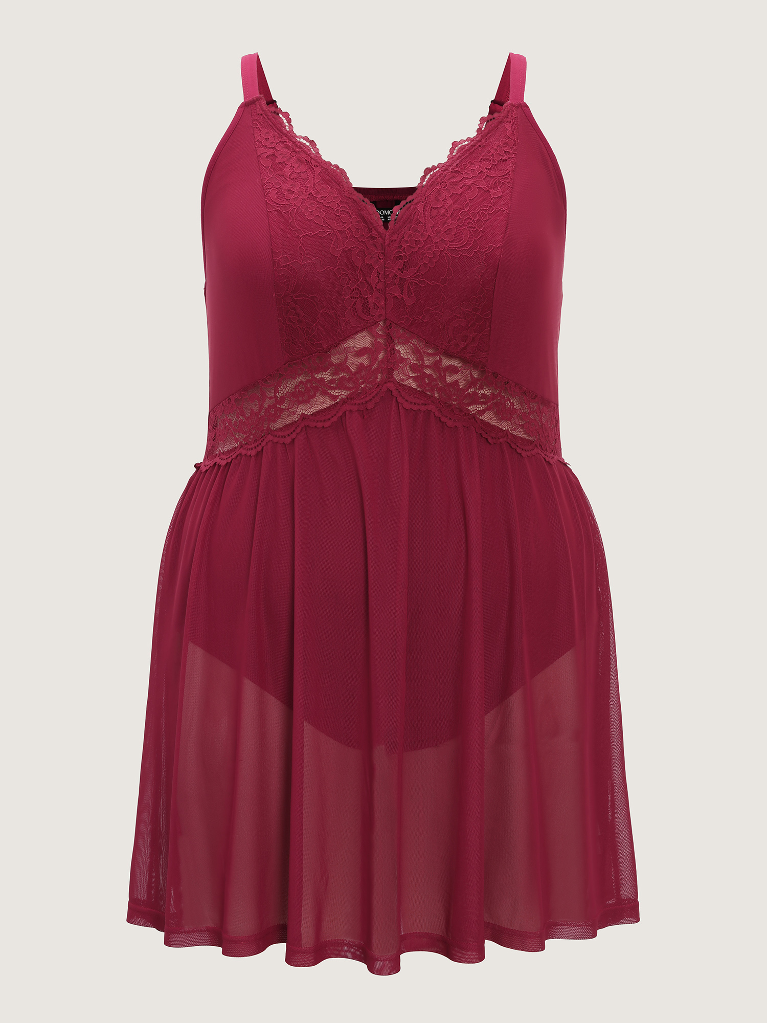 Side view of BloomChic Women's Plus Size Lace Deep V-Neckline Sheer Nightgown Crimson Sleeveless Mini V-Neck 22-24/3X