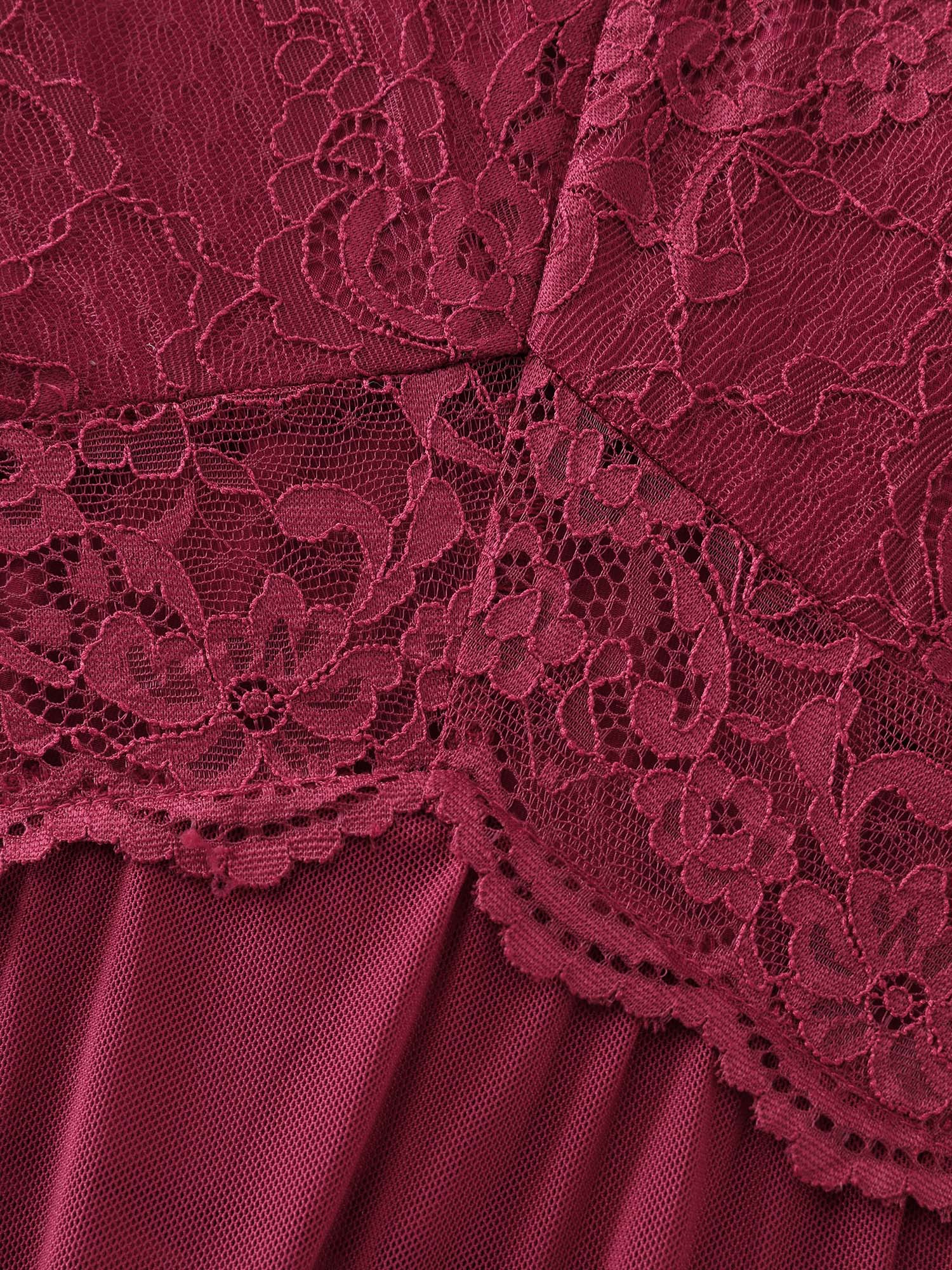 Side view of BloomChic Women's Plus Size Lace Deep V-Neckline Sheer Nightgown Crimson Sleeveless Mini V-Neck 22-24/3X