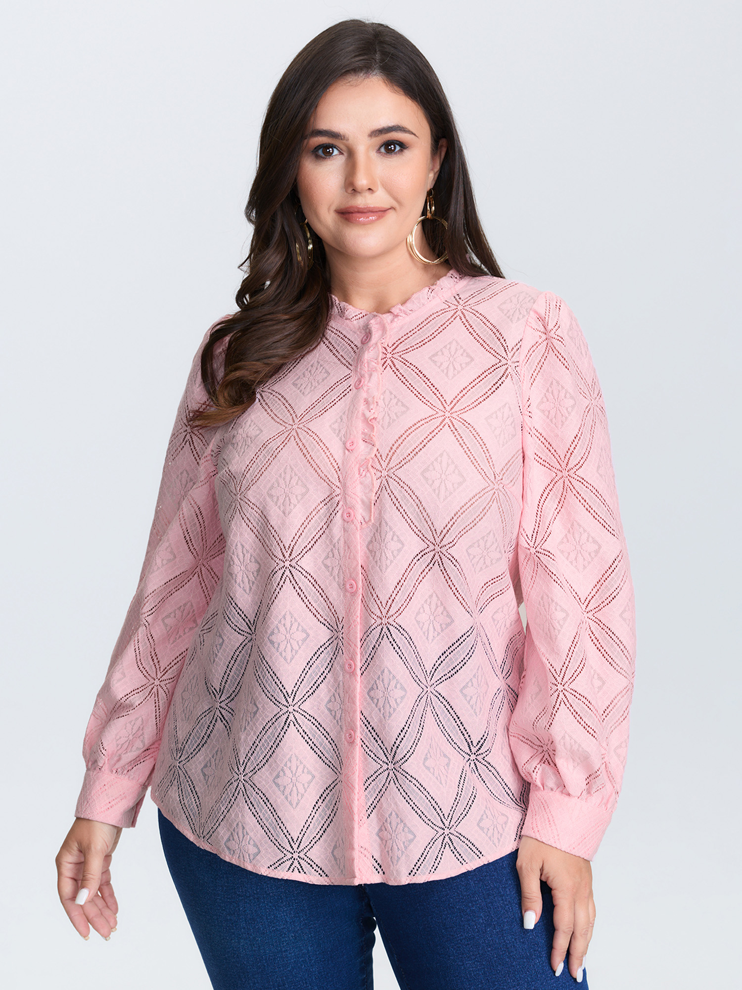 BloomChic Women's Plus Size Geometric Texture Lace Trim Blouse Lightpink Solid Everyday-Elegant Long Sleeve Ruffle Trim Neck 10/M