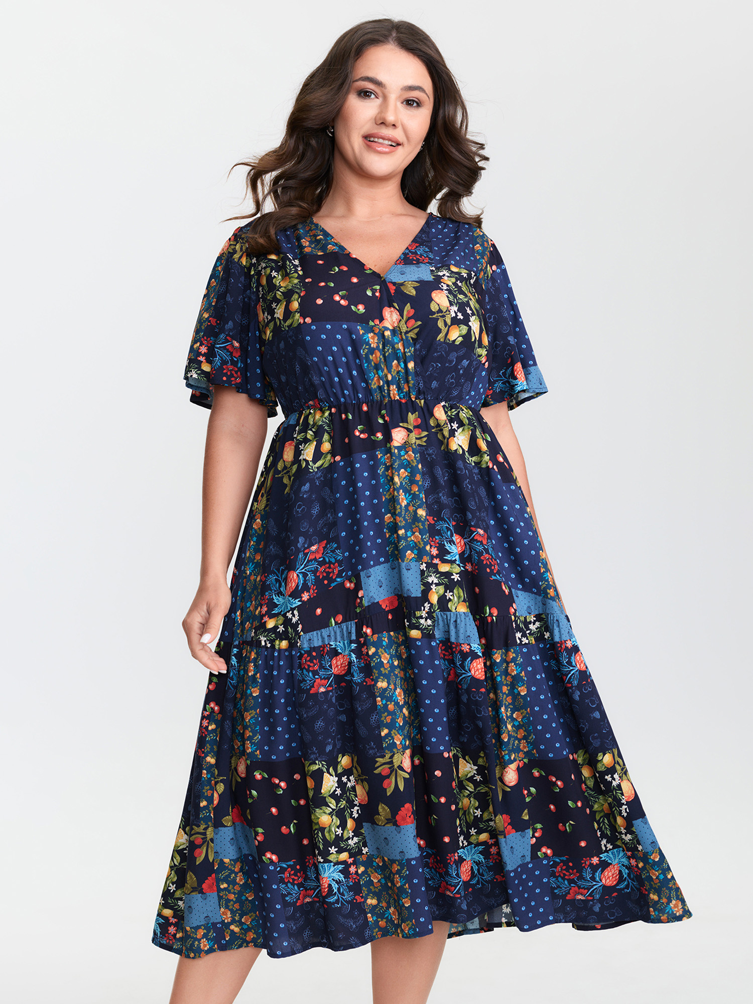 BloomChic Women's Plus Size Fruit Collage Print Wrap Neck Midi Dress Multicolor Floral Midi Everyday-Casual Wrap / Overlap 22-24/3X